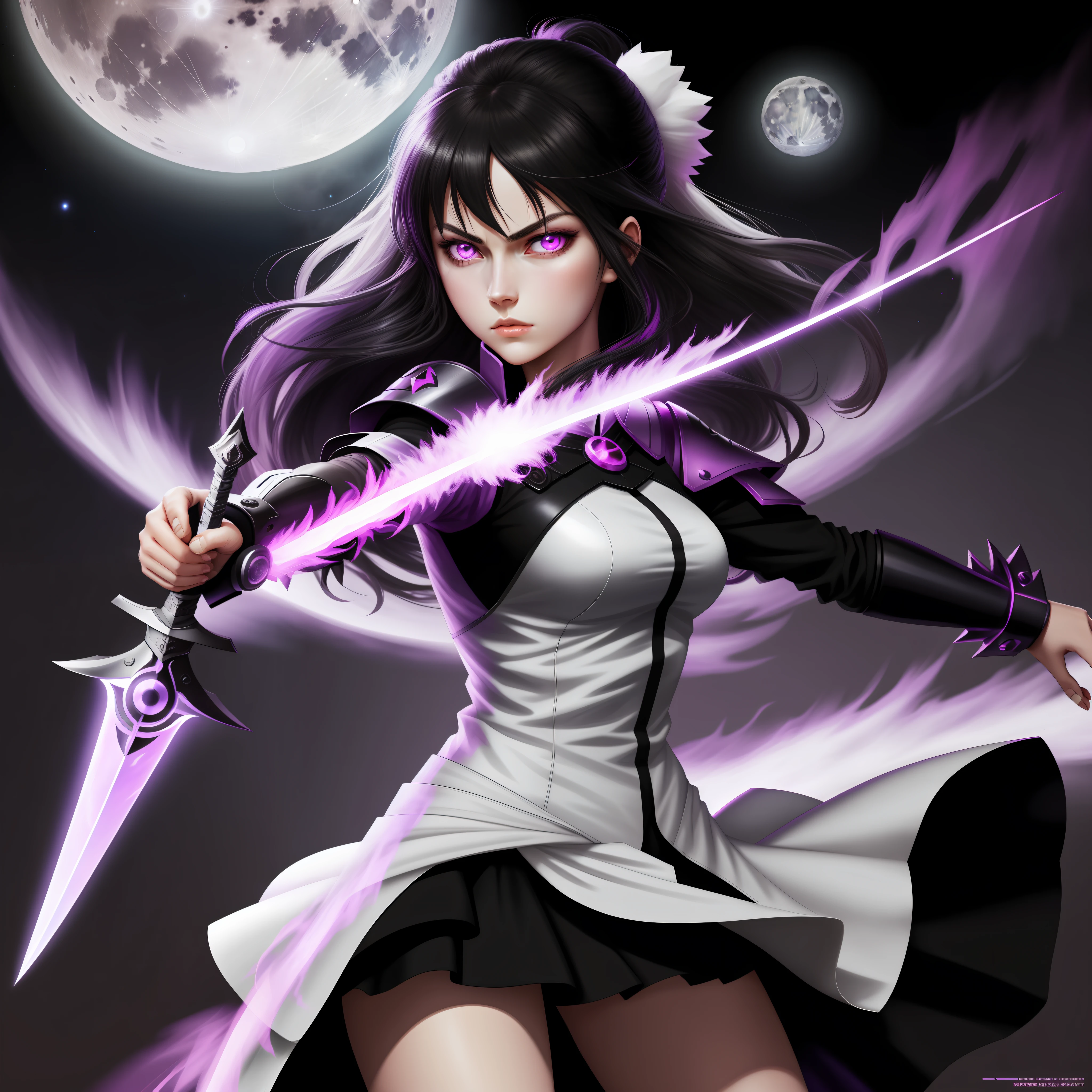 female,white,with black hair,with a shock pink sword,with purple eyes,at night,full moon,hd,best picture,wallpaper,anime photography,drawing, hd