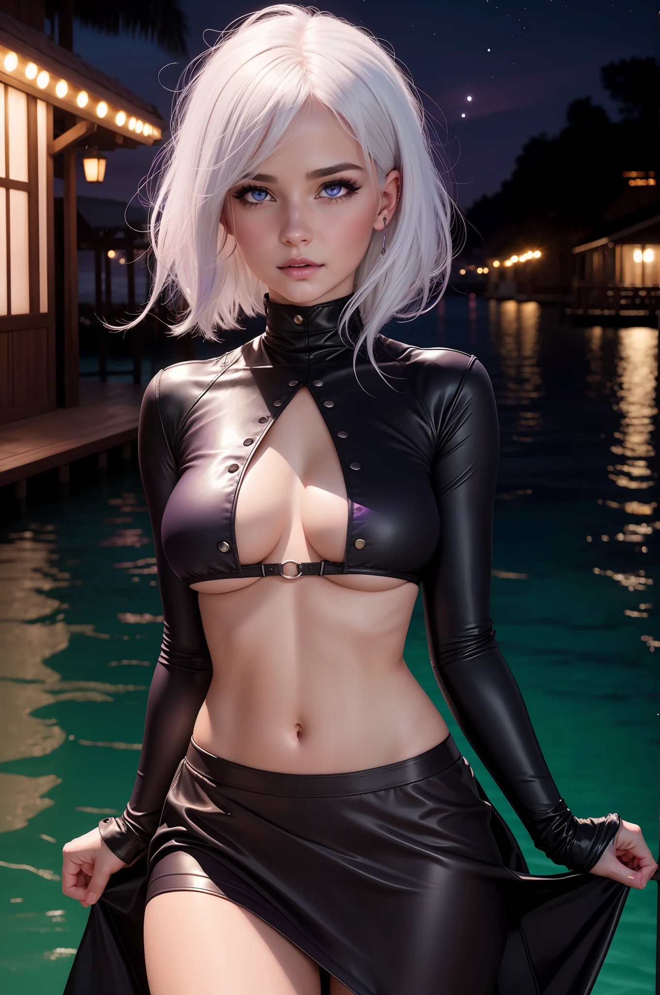 realistic, 1girl, white hair, purple eyes, glowing eyes, crop top, (underboobs:1.2), skirt, parted lips, blush, night, sun, sunlight, sea village, sea at night, night sky, port