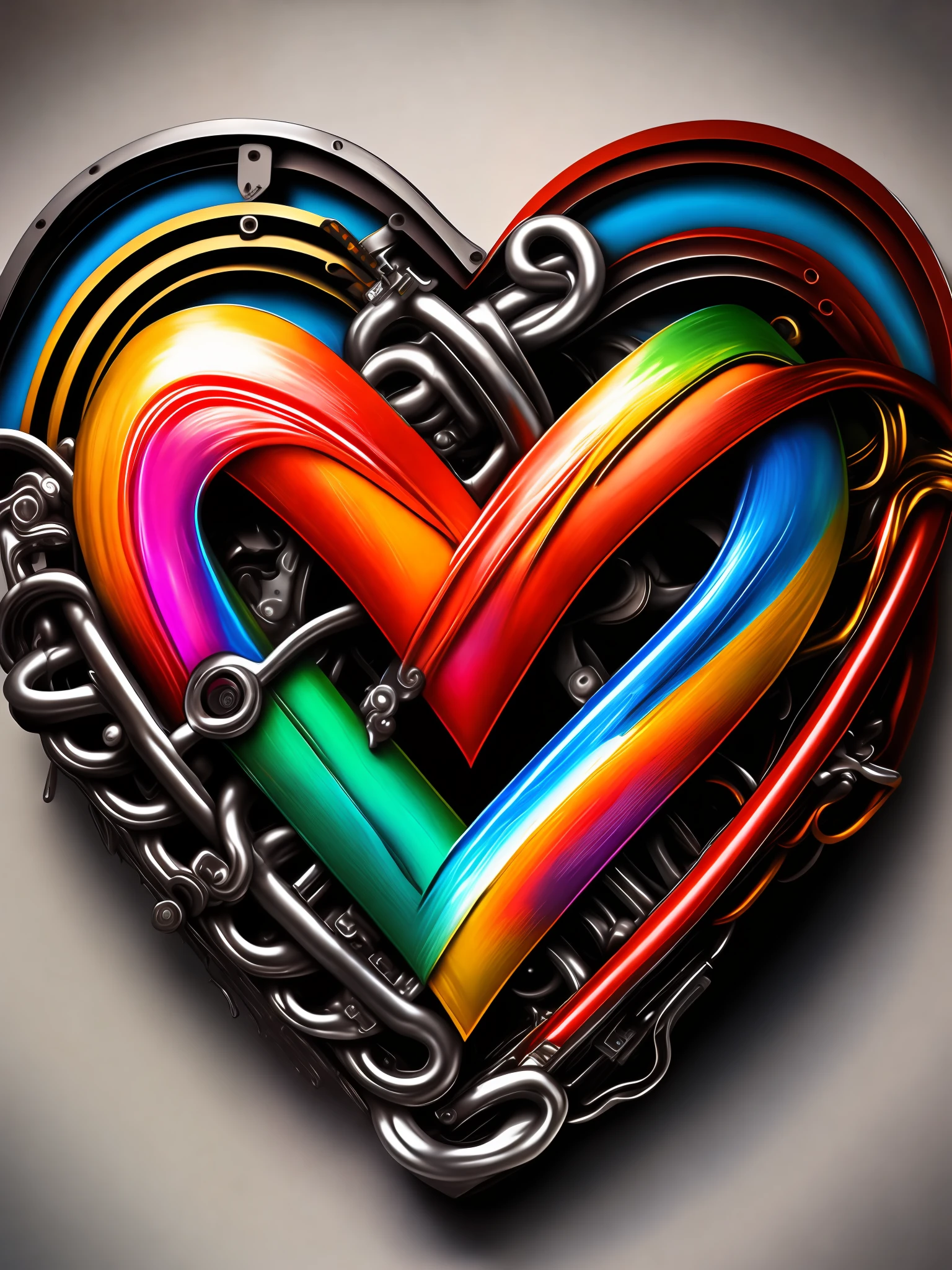 the graffiti style of love that made from motorcycle chain, ((soft colorful, rich colors,high detailed, masterpiece,natural lighting, high quality ,graffiti style))