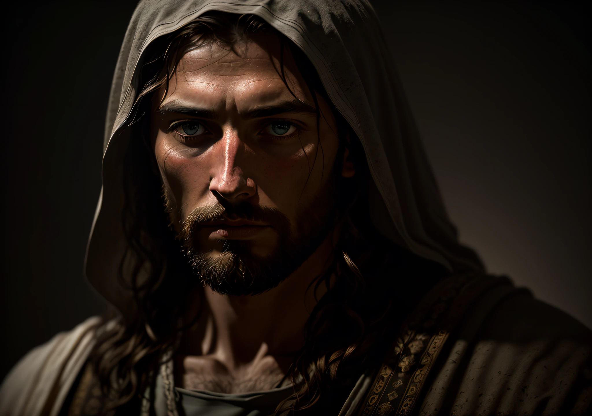 JESUS CHRIST DARK PHOTO: realistic epic, soft cinematic portrait, adobe lightroom, photographic lab, highly detailed, faded, (neutral colors: 1.2), (hdr: 1.4) , (soft colors:1.2), hyperdetailed, (artstation:1.4), cinematic, warm lights, dramatic light, (intricate details:1.1), complex background, (rutkowski:0.66), (blue and orange:0.4)