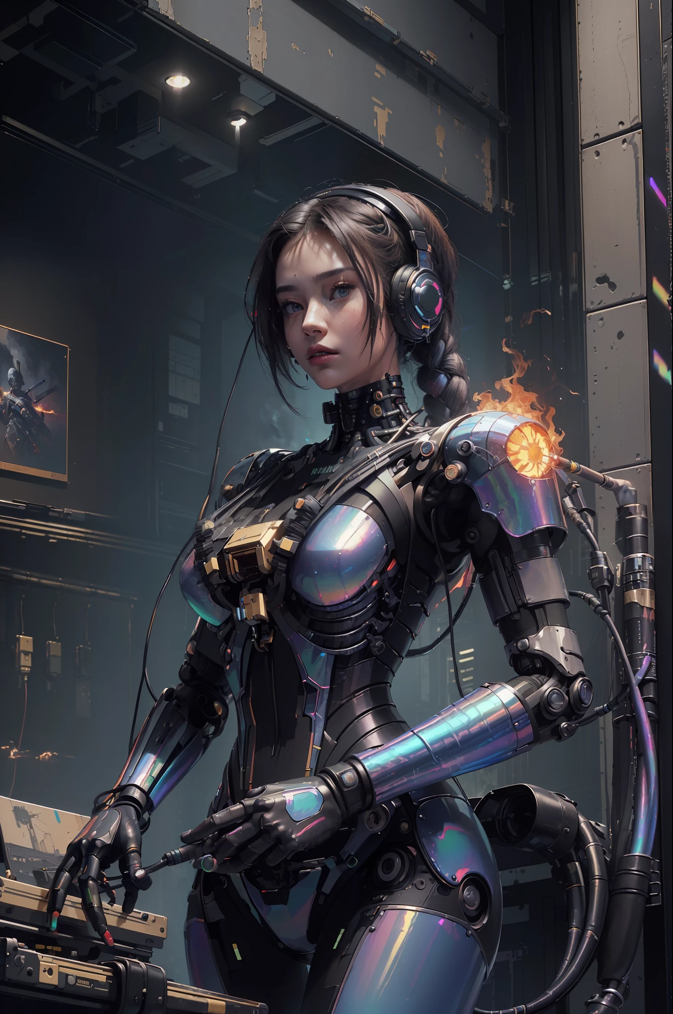 (masterpiece, best quality, highres, absurdres, detailed:1.2), humanoid, robot, wearing headphones, looking away, (cyberpunk, art canvas, paint brush, easel, iridescent, holographic: 1.6), (cables, wires, flames, fire, smoke, overheat, explosion, indoors, room, simple background)