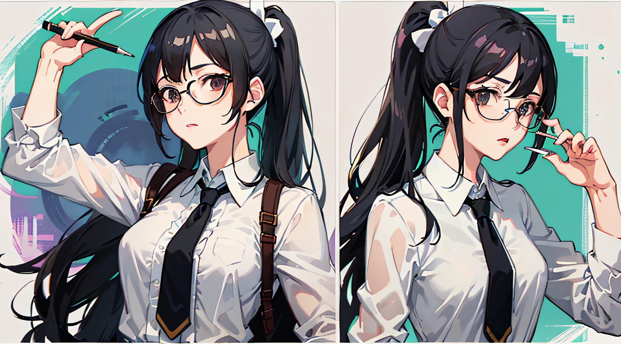 Anime girl, young teacher, black hair, high ponytail, medium body, white shirt, tie, square glasses, raise right hand, hold pen, character standing drawing, character drawing, character design, character illustration, bust drawing, leg above, three views, delicate facial features, delicate picture, (solid color background)