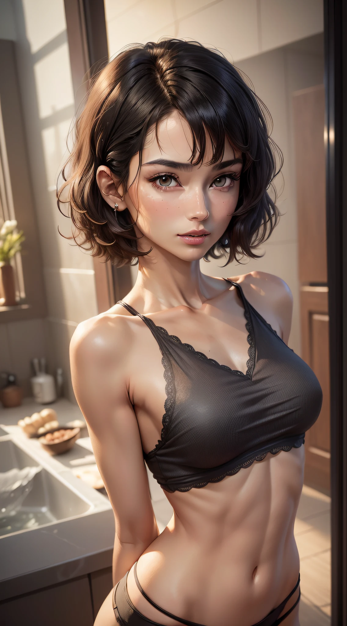 (highly detailed body, slim body, highly detailed face, best quality: 1.2), a beautiful woman, small chest, look at the viewer, (loose clothes), (short hair, disheveled hair, black hair)