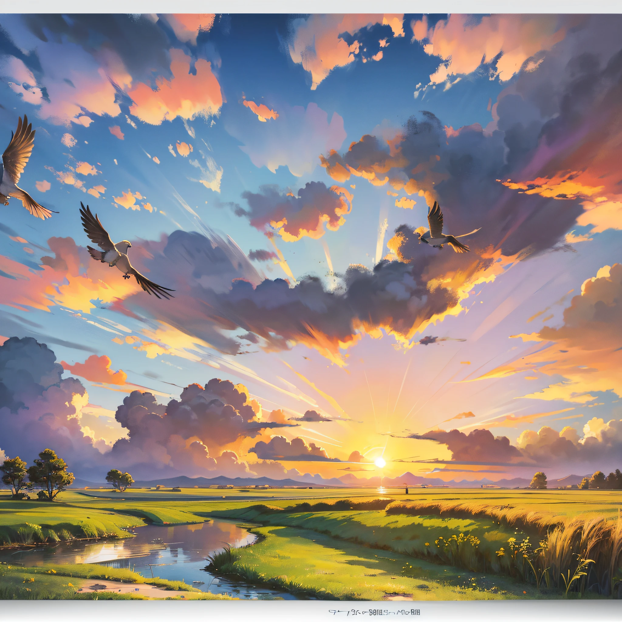 A beautiful sunset view, Best quality, grassy plain Cloudy colored sky, Flying birds, A quiet stream, Big and small trees, Bamboo trees, Just like a naturally beautiful painting, A mesmerizing landscape, 4k 8k quality, Image aspect ratio 10 + 14 inches,