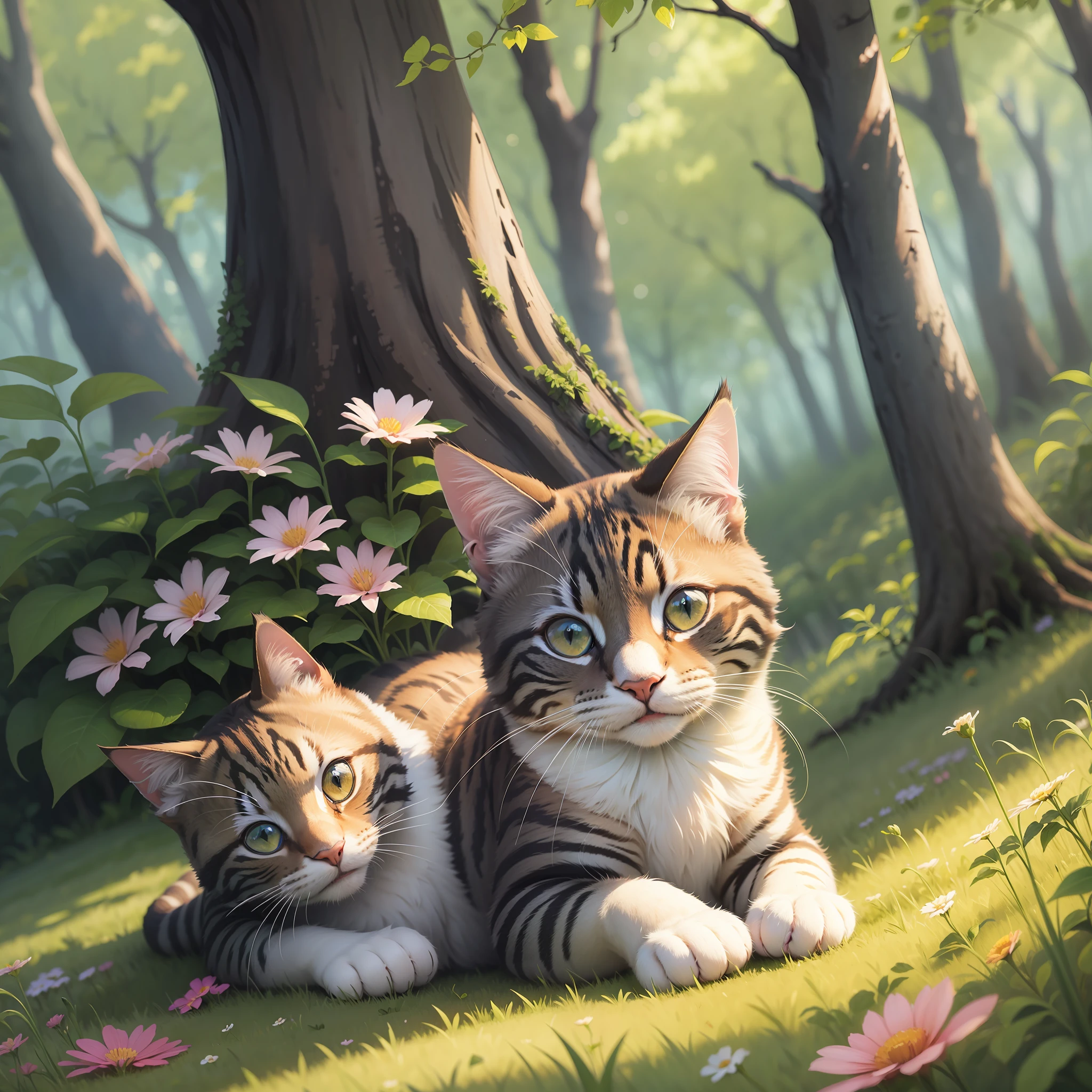 happy cat in nature, flowers, trees --auto --s2