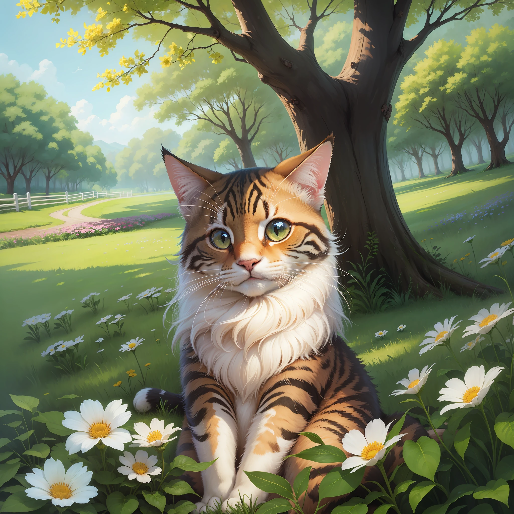 happy cat in nature, flowers, trees --auto --s2