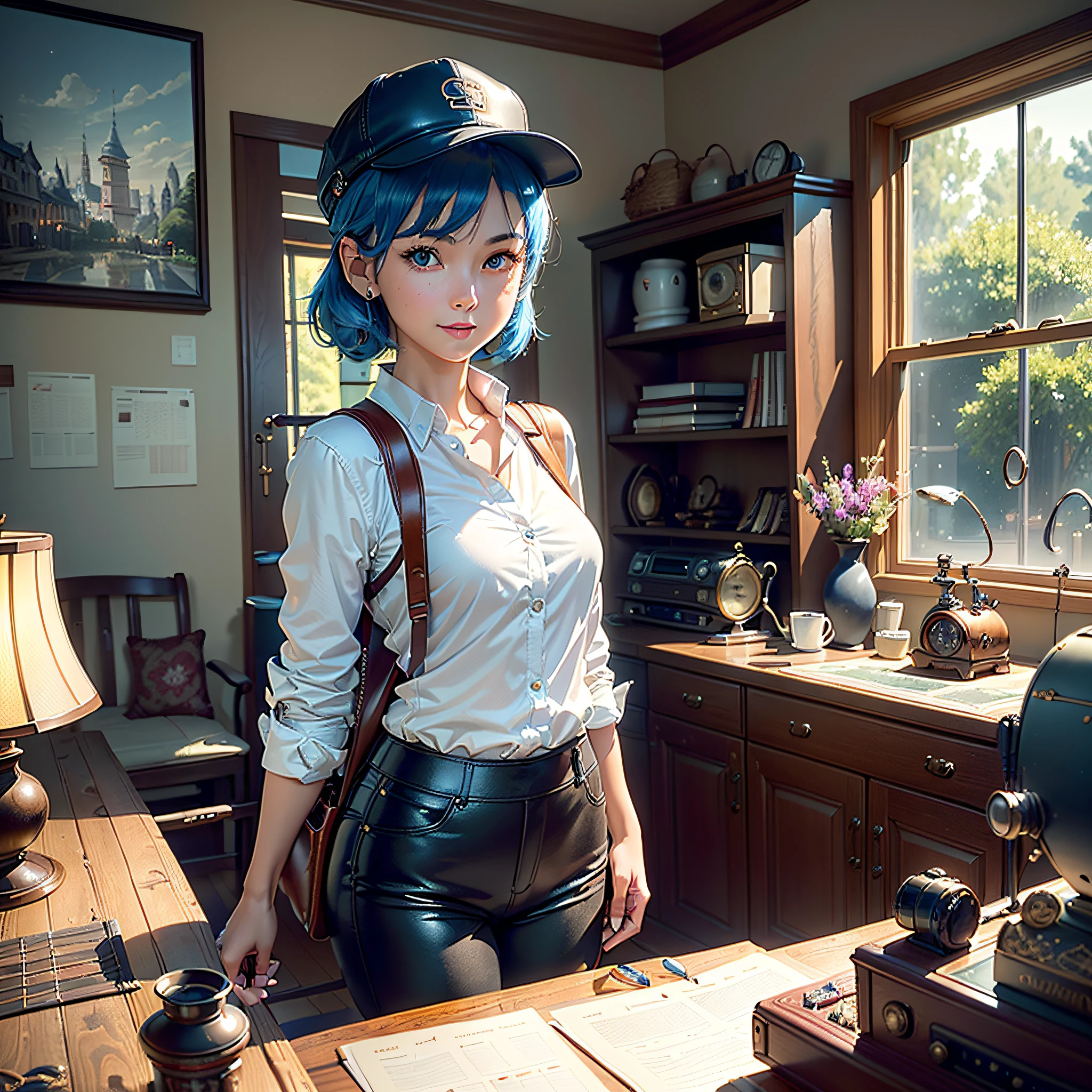 (Masterpiece, highest quality, highest resolution, distinct_image, very elaborate CG, cinematic lighting, ray tracing, drop shadows, detailed detail, (photorealistic: 1.4), high quality textures, fine-grained, realistic face expression): (Girl alone, face is Japan, blue hair, small size breasts, sparkling blue eyes, Eye level shot, happy smile, beauty, slim body, holiday, own room, game console, computer, display, keyboard, mouse, long leather pants, white shirt with collar, leather vest, cardian, baseball cap, handgun holder, carrying leather bag, long boots, antique radio, coffee, model train, bookcase, wooden chair, pot, Fans, paintings, stuffed animals, ties, notebooks, stationery, vases, photo frames, letters, fountain pens, calendars, lamps, cushions, baskets, mirrors, candles, newspapers, sweets, park view outside the window, telephone, fruit, telescope, retro TV)
