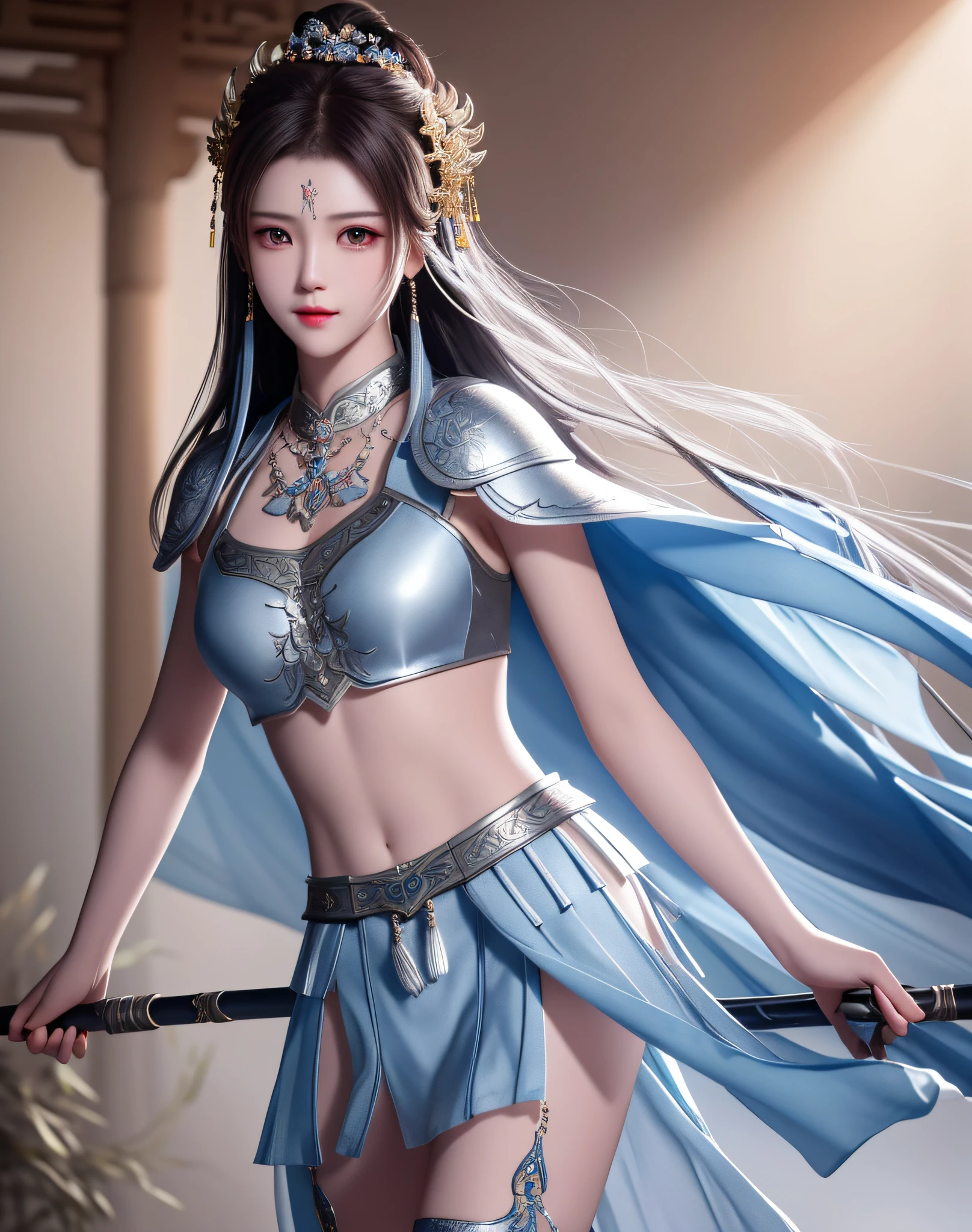 best quality, masterpiece, high resolution, 1girl, ancient chinese battlefield background, metal armor, cape, metal collar, ancient spear, silver spear, hair ornament, necklace, jewelry, beautiful face, upon_body, tyndall effect, realistic, dark studio, edge lighting, duotone lighting, (high detail skin:1.2), 8k ultra hd, dslr camera, soft lighting, high quality, volumetric lighting, candid, photos, high resolution, 4k, 8k, bokeh, Silver-white bikini armor, ancient metal spear, chest embroidery, metal cuirass, skinny, bare arms, weapons, short bracers, stockings, parry