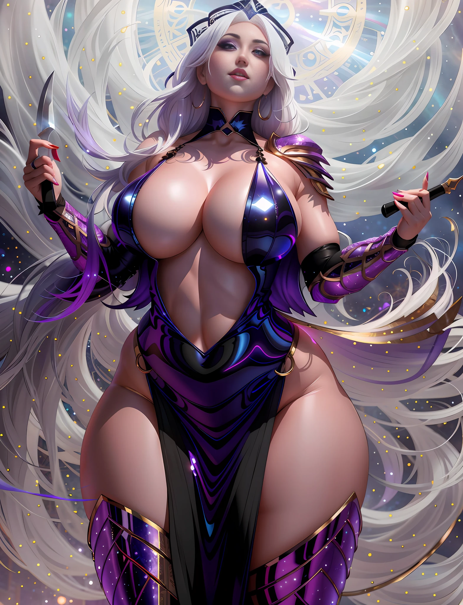 arafed woman in a ???? short black and purple outfit holding a knife, thicc, mighty plump ???? female sorceress, ???? goddess. extremely high detail, galactic sized goddess, extremely detailed goddess shot, wlop and rossdraws, cinematic goddess body shot, rossdraws 1. 0, wlop rossdraws, commission for high res, rossdraws 2. 5, white skin, ??????, white hair, cleavage, wide hip. thick thigh, ????, love eyes