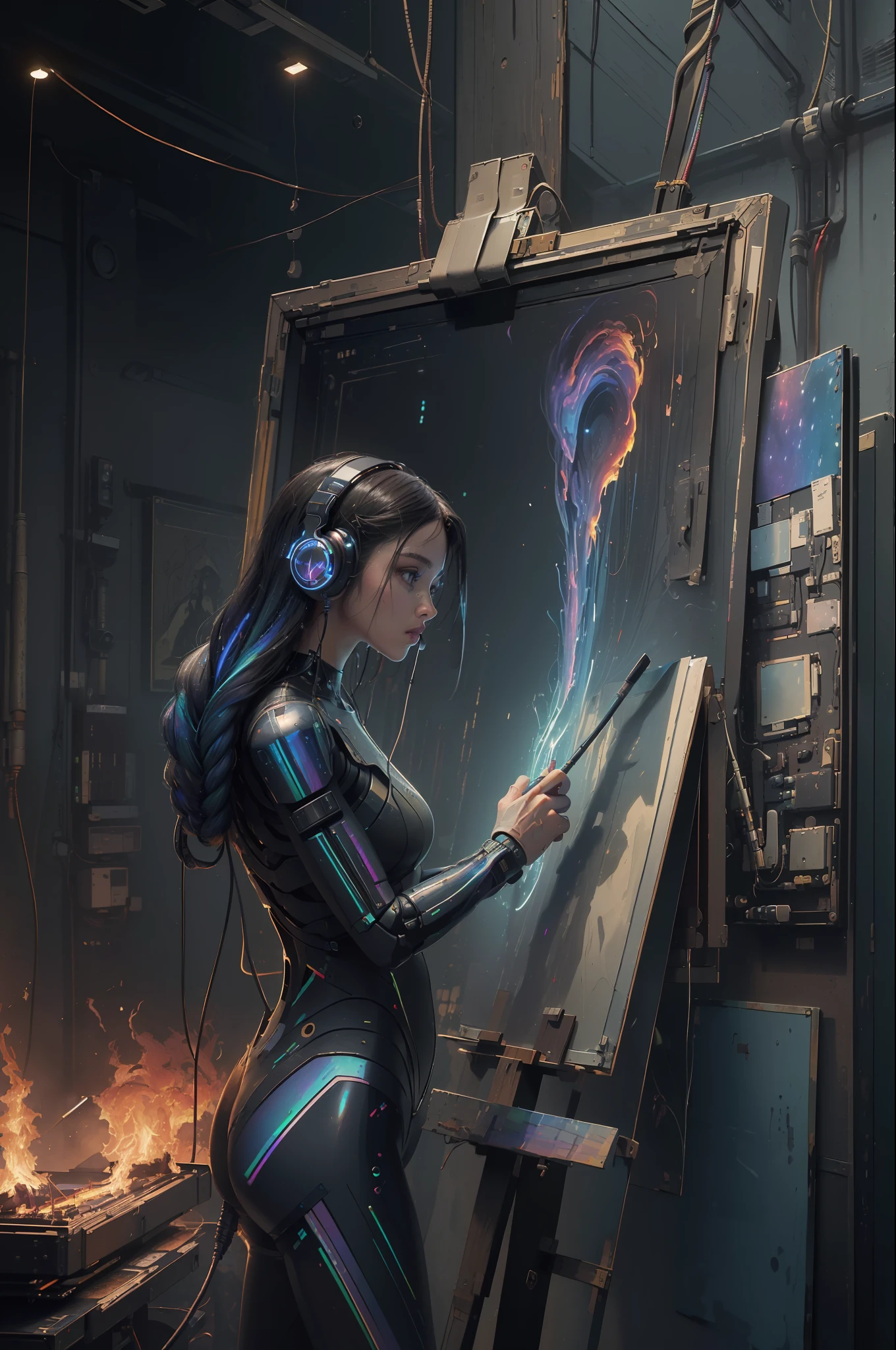 (masterpiece, best quality, highres, absurdres, detailed:1.2), humanoid, robot, wearing headphones, looking away, (cyberpunk, art canvas, paint brush, easel, iridescent, holographic: 1.6), (cables, wires, flames, fire, smoke, overheat, explosion, indoors, room, simple background)