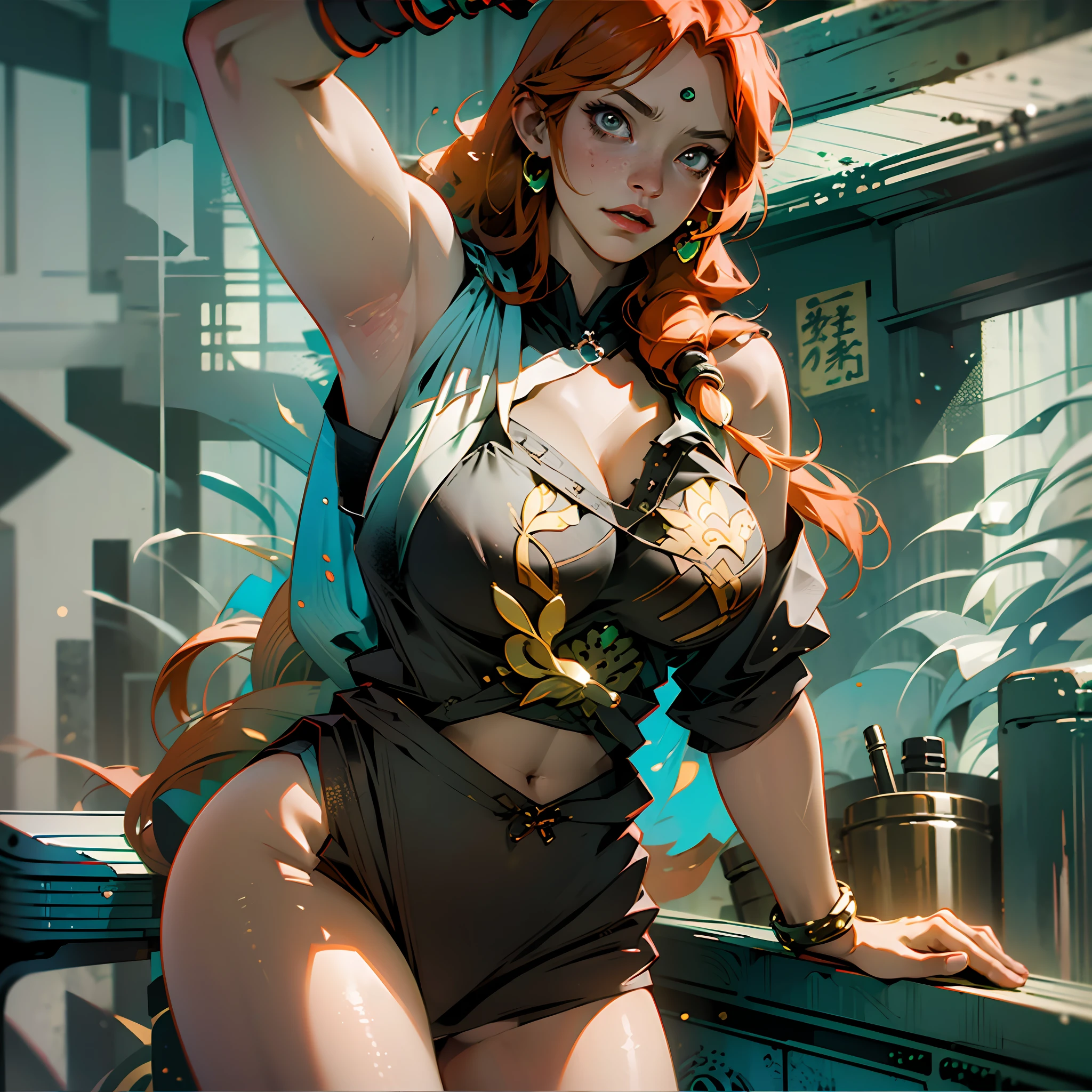 Muscular woman, abdomen, huge breasts,((inoue orihime)), orange hair, wide thighs, muscular body, ecchi, large breasts --auto --s2