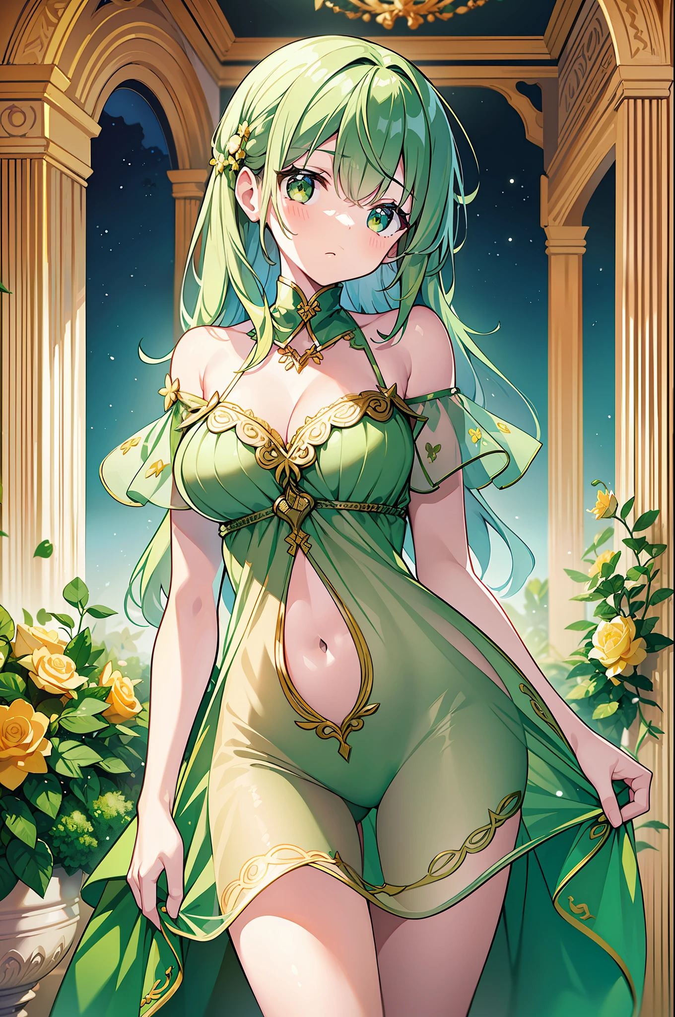(MASTERPIECE), (Best Quality), (Super Detail), Official Art, One Girl, Lori with Pale Green Hair, Petite Little Girl, Lori, Green and Yellow See-Through Dress, Sleeveless, Off Shoulder, Small, Very Small Breasts, Small, Cleavage, Thigh Focus, Navel Out, The Lower Half of the Chest Is Bare Skin, Card Illustration, Wind