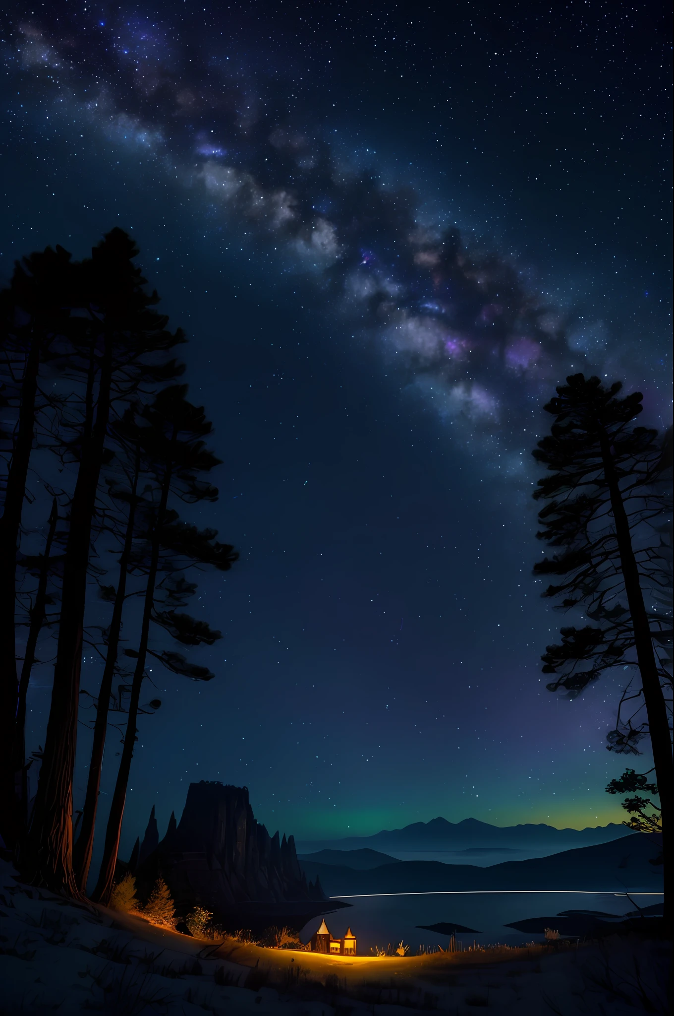 On a magical night, enter a beautiful immensity that stretches out before your eyes. The horizon reveals itself as a magnificent spectacle, with deep shades of purple and blue painting the night sky. Twinkling stars punctuate the darkness, scattering their bright light and giving a touch of enchantment to the environment.

Towering mountains rise with majesty, their shapes jagged against the starry horizon. Covered by a dark cloak, they seem to rest under the night cold. Living vegetation curls into its slopes, creating a vibrant contrast between darkness and lush green.

Tall, leafy trees dot the landscape, like silent sentinels guarding the secrets of the night. In the dim moonlight, its leaves glow softly, as if bathed in a touch of magic. The cold and serene air surrounds everything, bringing a sense of tranquility and stillness.

In this magical atmosphere, you feel enveloped by a unique energy, a moment of connection with nature and the mystery of the universe. The night reveals itself as a portal to the extraordinary, where the beautiful immensity merges with the night cold and the serenity of the landscape.

Let yourself be enveloped by the magic of this night, allowing the beautiful immensity and magnificent horizon to awaken in you a sense of wonder and contemplation. This is a night that will remain in your memory as a unique and special moment where nature reveals its deepest beauty.