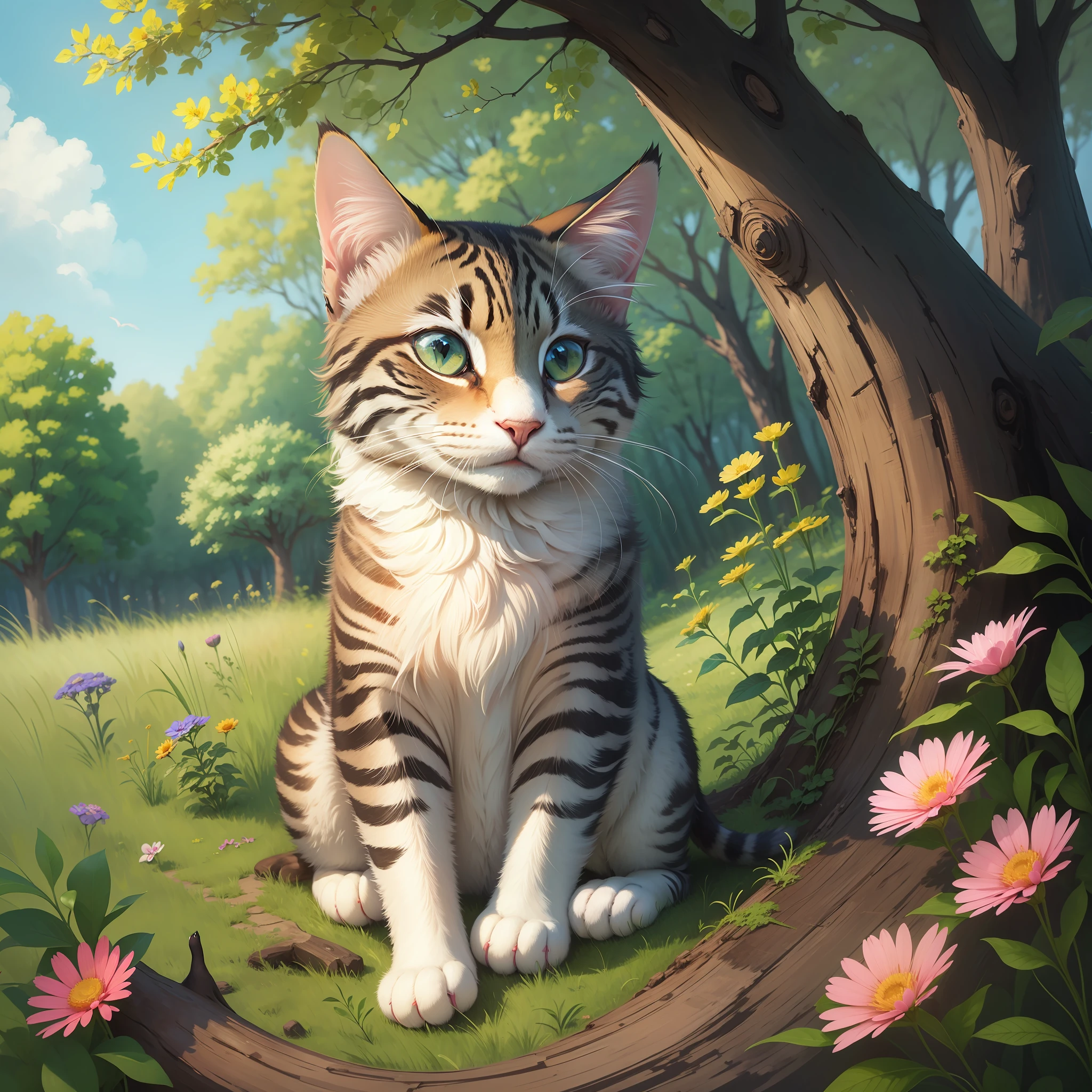 happy cat in nature, flowers, trees --auto --s2