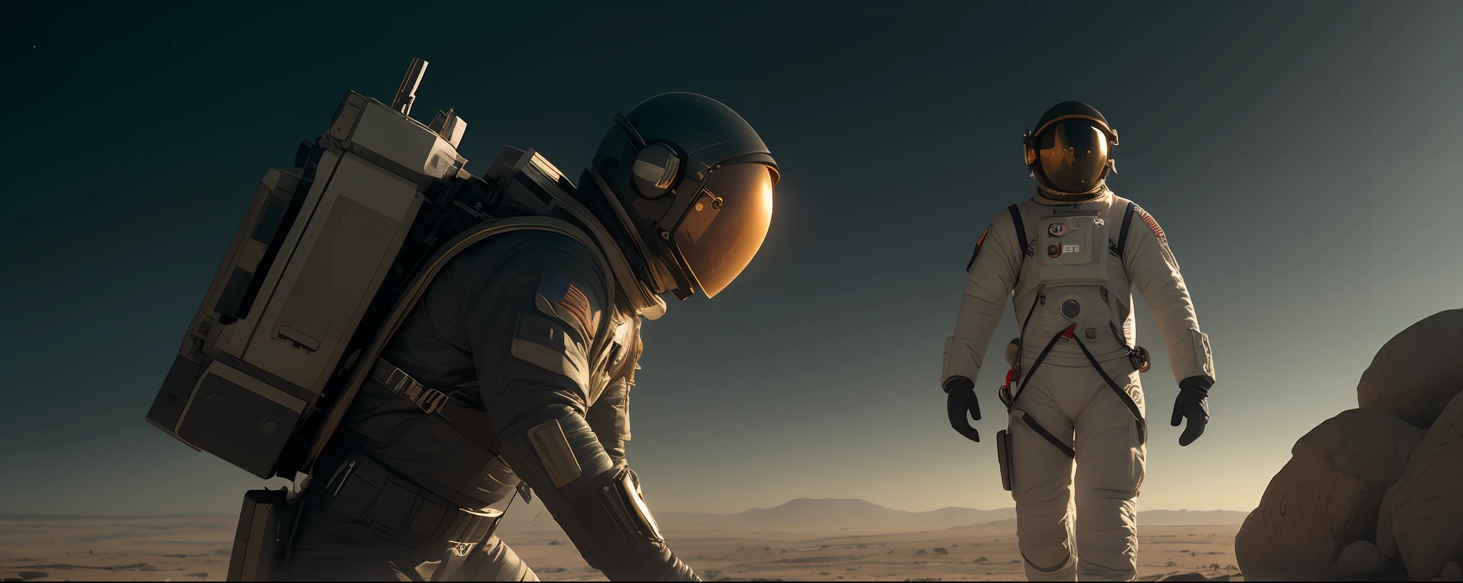 Armed male figure in a science fiction suit (astronaut), against the background planet mars, dawn, mask, science fiction visor, science fiction lens, science fiction respirator, bald head, plate armor, isolated armor, third-person view, many fine details in the style of 'chase' by gesaffelstein, photorealistic, cinematic lighting, dark atmosphere, volumetric lighting, action pose, epic scene, many fine details, film style, photography, natural textures, natural light, natural blur, photorealism, cinematic rendering, ray tracing, highest quality, highest detail, cinematic, blur effect, long exposure, 8K, Ultra-HD, natural lighting, moody lighting, cinematic lighting, hyper-realistic, vibrant, 8k, detailed, ultra detail, do not duplicate