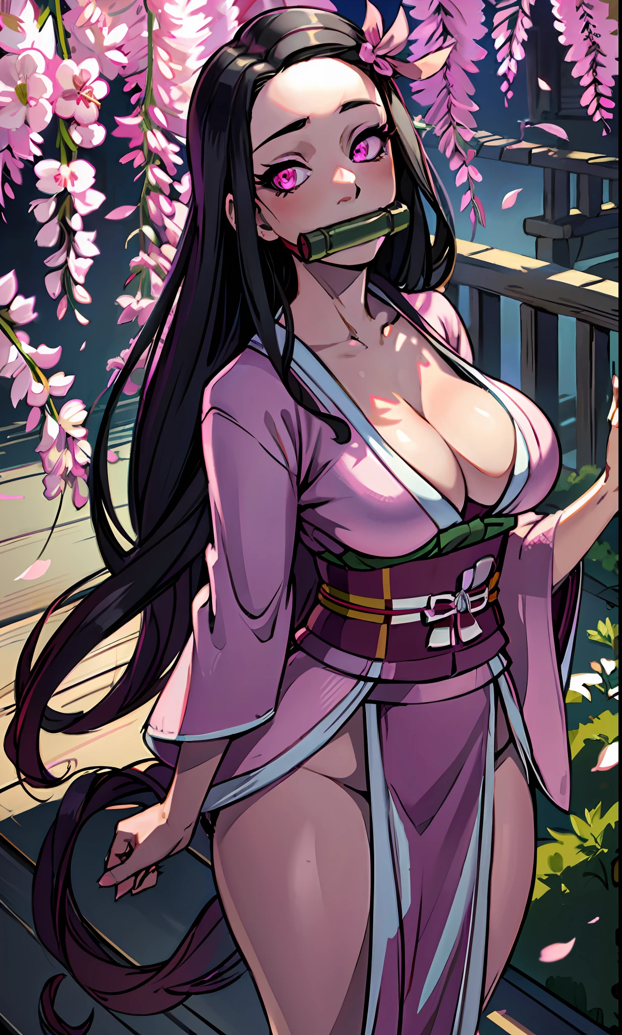 masterpiece, (pink kimono), seductive face, good lighting, décolleté, fine details, masterpiece, glowing eyes, 1girl, black hair, gag, bamboo, Nezuko Kamado, wisteria background, masterpiece, best quality, POV, whole body, wide hips,