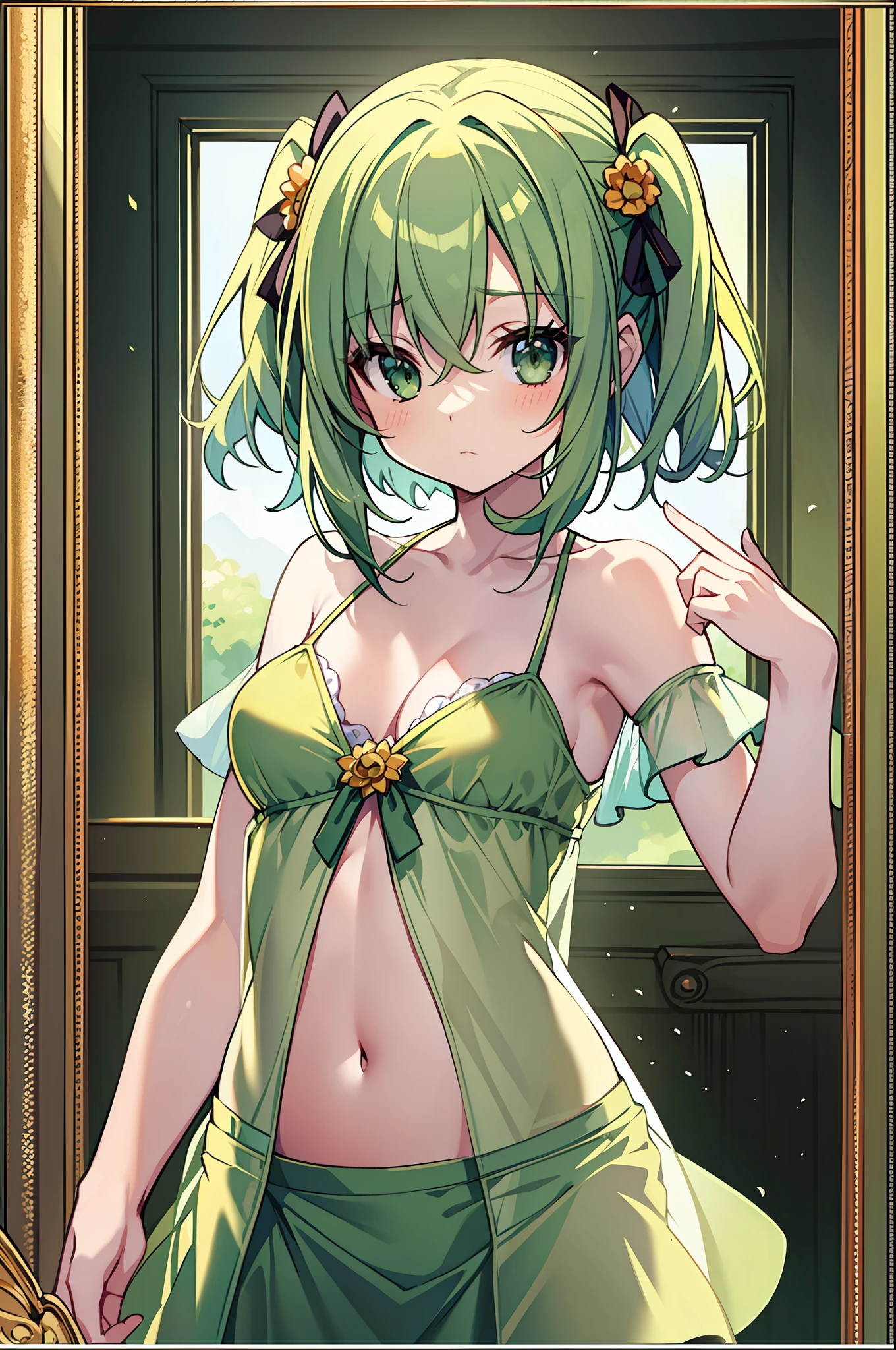 (MASTERPIECE), (Best Quality), (Super Detail), Official Art, One Girl, Lori with Pale Green Hair, Petite Little Girl, Lori, Green and Yellow See-Through Dress, Sleeveless, Off Shoulder, Small, Very Small Breasts, Small, Cleavage, Thigh Focus, Navel Out, The Lower Half of the Chest Is Bare Skin, Card Illustration, Wind
