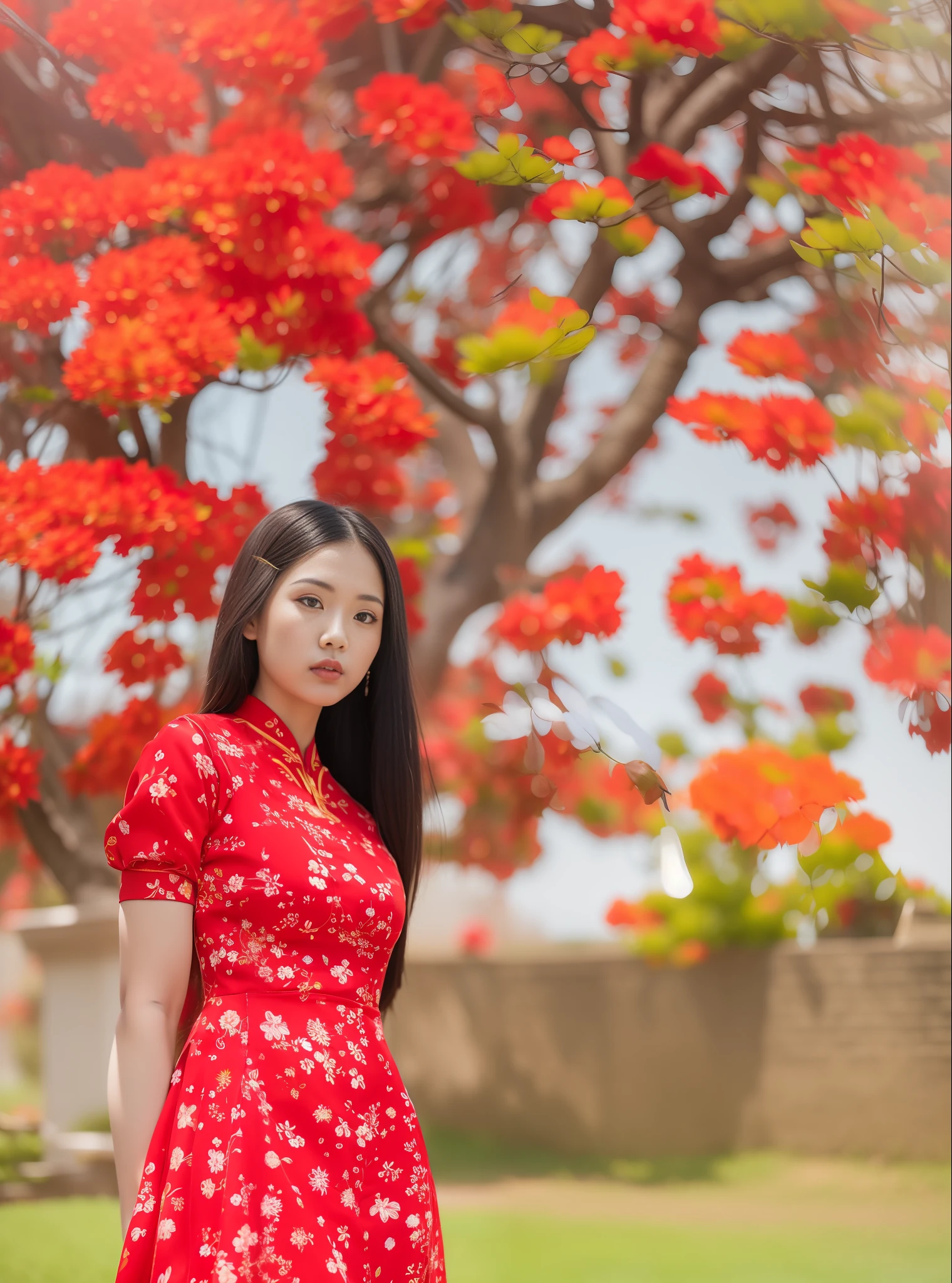 araffe woman in a red dress standing in front of a tree, wearing a red cheongsam, shot on canon eos r5, shot on canon eos r 5, red floral dress, girl wears a red dress, colorful with red hues, bright colors with red hues, shot on nikon z9, a young asian woman, wearing a red dress