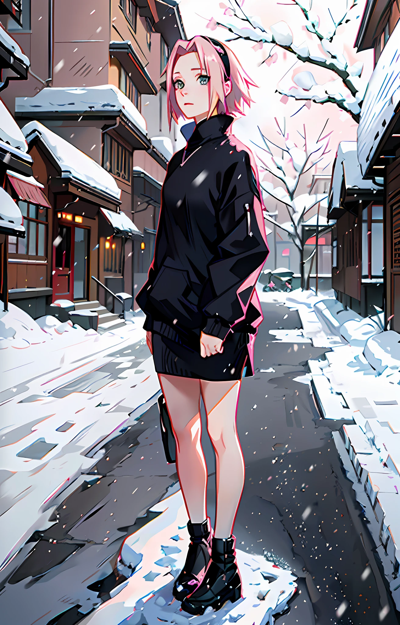Sakura haruno, ((solo)), alone, ((forehead to show)), elegant,wearing black sweater, pink hair, delicate, young, short hair, detailed face, high definition, ((full body)), (snow around her), whole body, ((snowy day)), looking at the sky, she is a beautiful woman contemplating the snow, face with high quality, love