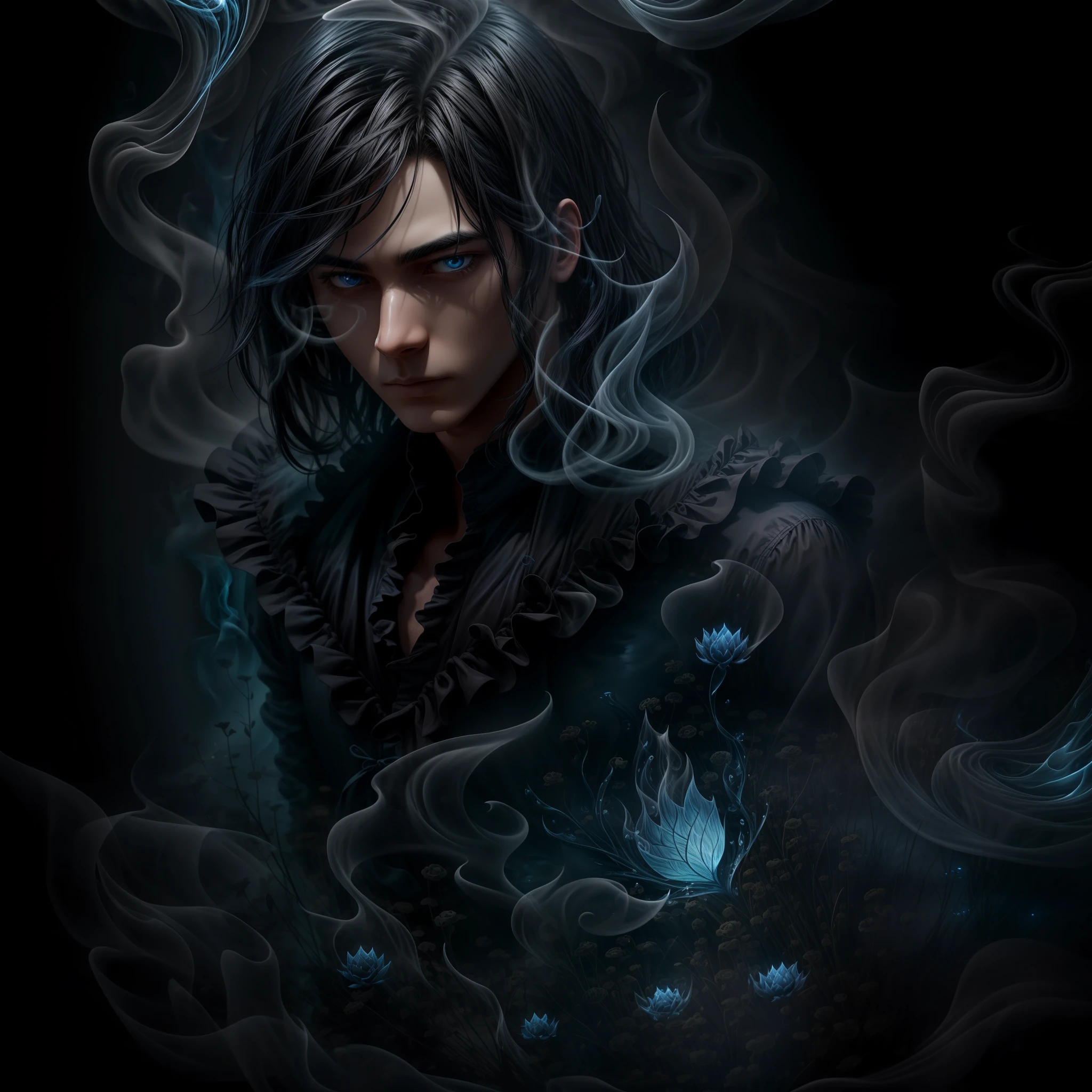close up, man, black hair, ghost, dark, gothic, 3D, ultra detailed, blue transparent smoke around, realistic style, Pond the old night, full body, --auto --s2