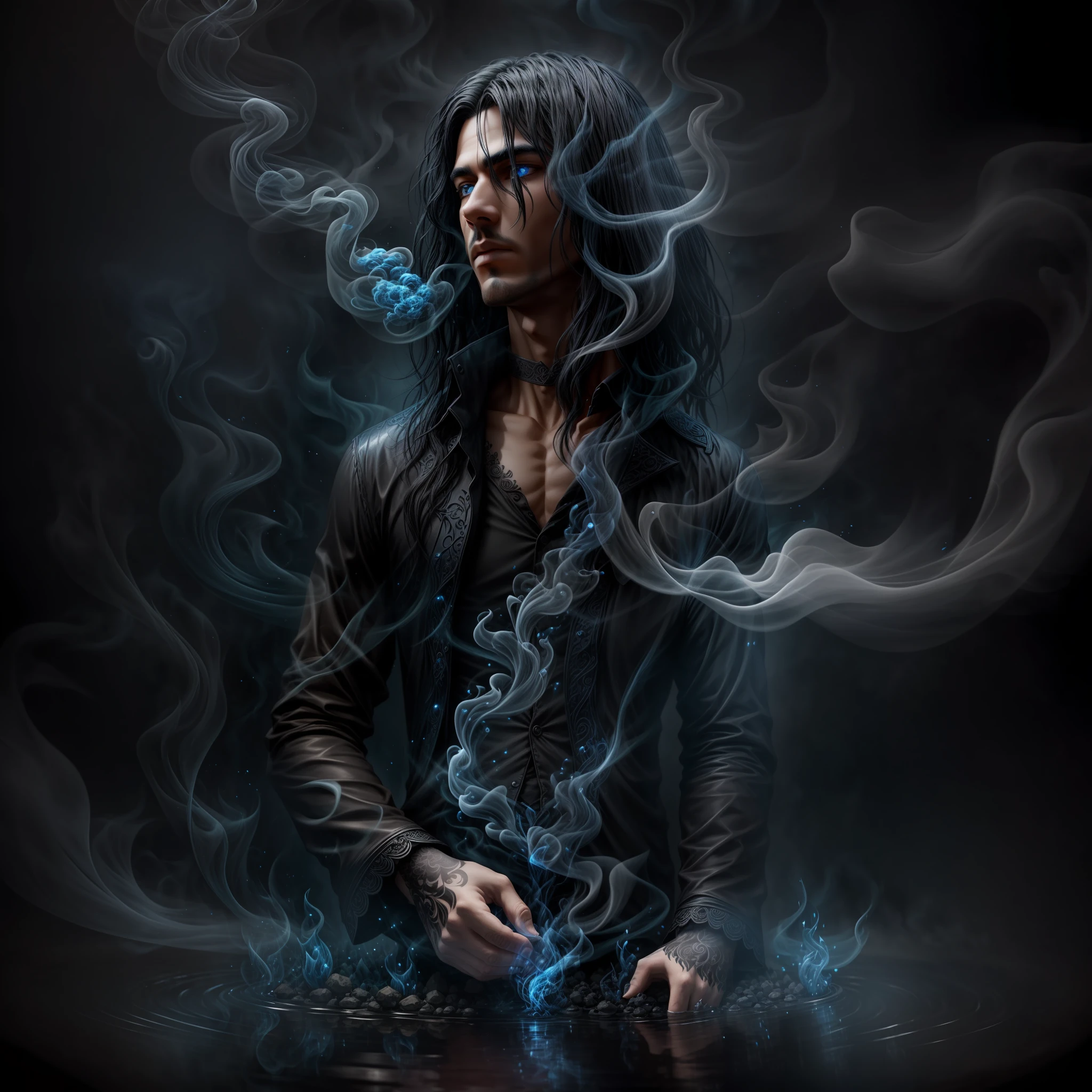 close up, man, black hair, ghost, dark, gothic, 3D, ultra detailed, blue transparent smoke around, realistic style, Pond the old night, full body, --auto --s2