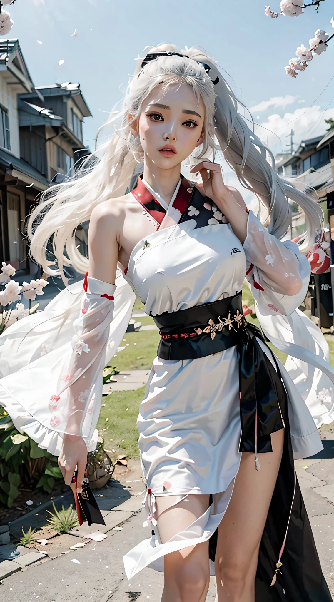 A girl, black and white Hanfu, plum blossom embroidery, white ponytail long hair, long hair flowing, white hair, white face towel fluttering in the wind, fringed hair ornaments, peonies, ancient style, dynamic pose, bare legs, dramatic composition, cherry blossom tree, flower petals falling, red belt, tulle fabric, ancient architectural background, complex background, clouds and mist, fairy background, clouds and mist, movie lights,