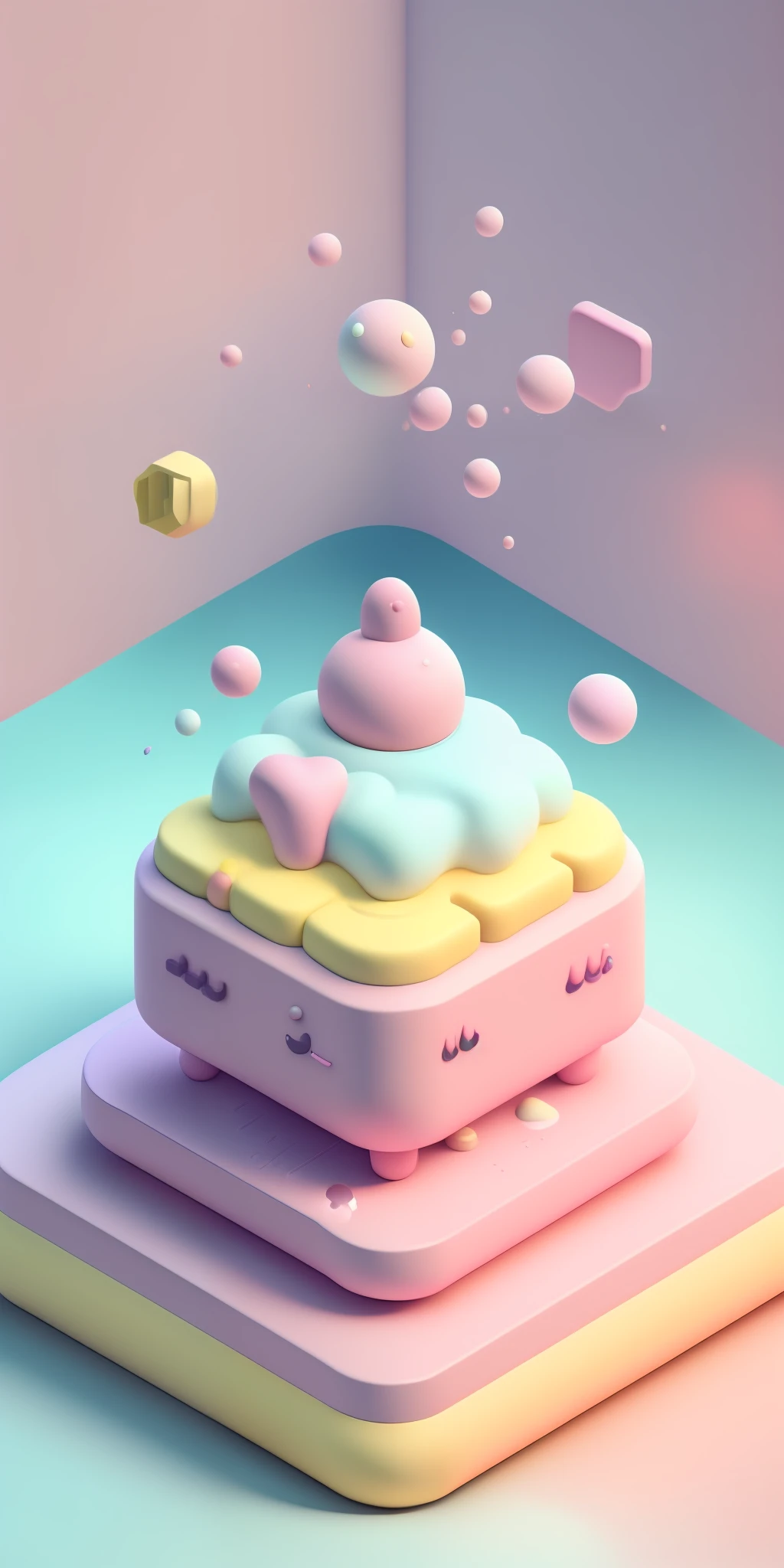 microworld, isometric view of cute kawaii keyboard, (pink, white, yellow, purple), cozy and pastel, lighting particle, dynamic light effect, futuristic, incredibly detailed, super resolution