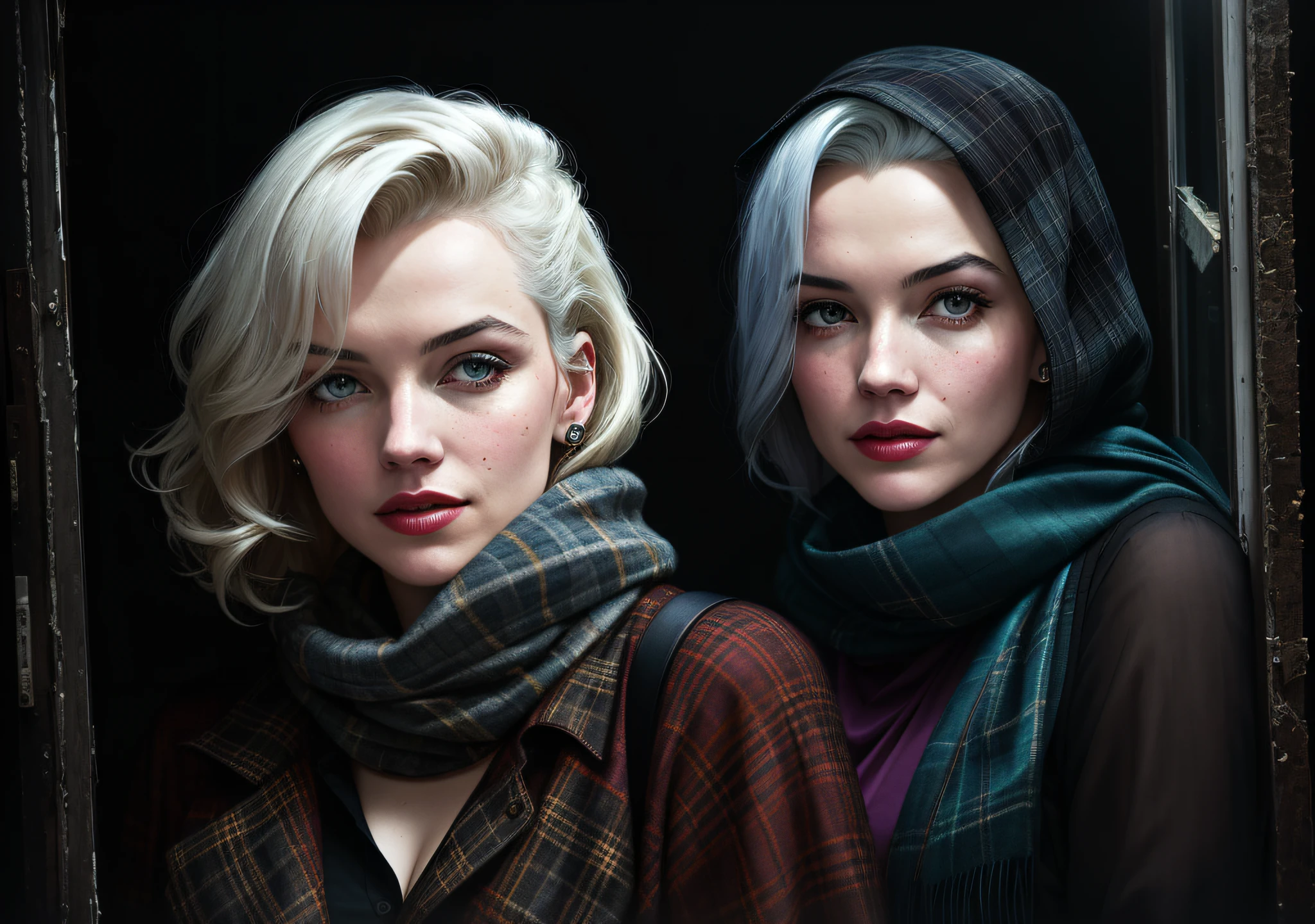 Actress Marilyn Monroe, dark photo: with the body covered, sitting in an old window, realistic epic, halo portrait, blue eyes, plaid scarf, white hair of Atey Ghailan, of Greg Rutkowski, of Greg Tocchini, of James Gilleard, of Joe Fenton, of Kaethe Butcher, yellow gradient, black, brown and magenta color scheme, grunge aesthetic!!! Graffiti brand wall background, art by Greg Rutkowski and Artgerm, soft cinematic light, Adobe Lightroom, Photo Lab, HDR, intricate, highly detailed, (depth of field: 1.4), faded, (neutral colors: 1.2), (HDR: 1.4), (soft colors:1.2), hyperdetailed, (Artstation:1.4), cinematic, warm lights, dramatic light, (intricate details:1.1), complex background, (Rutkowski:0.66), (blue and orange:0.4)