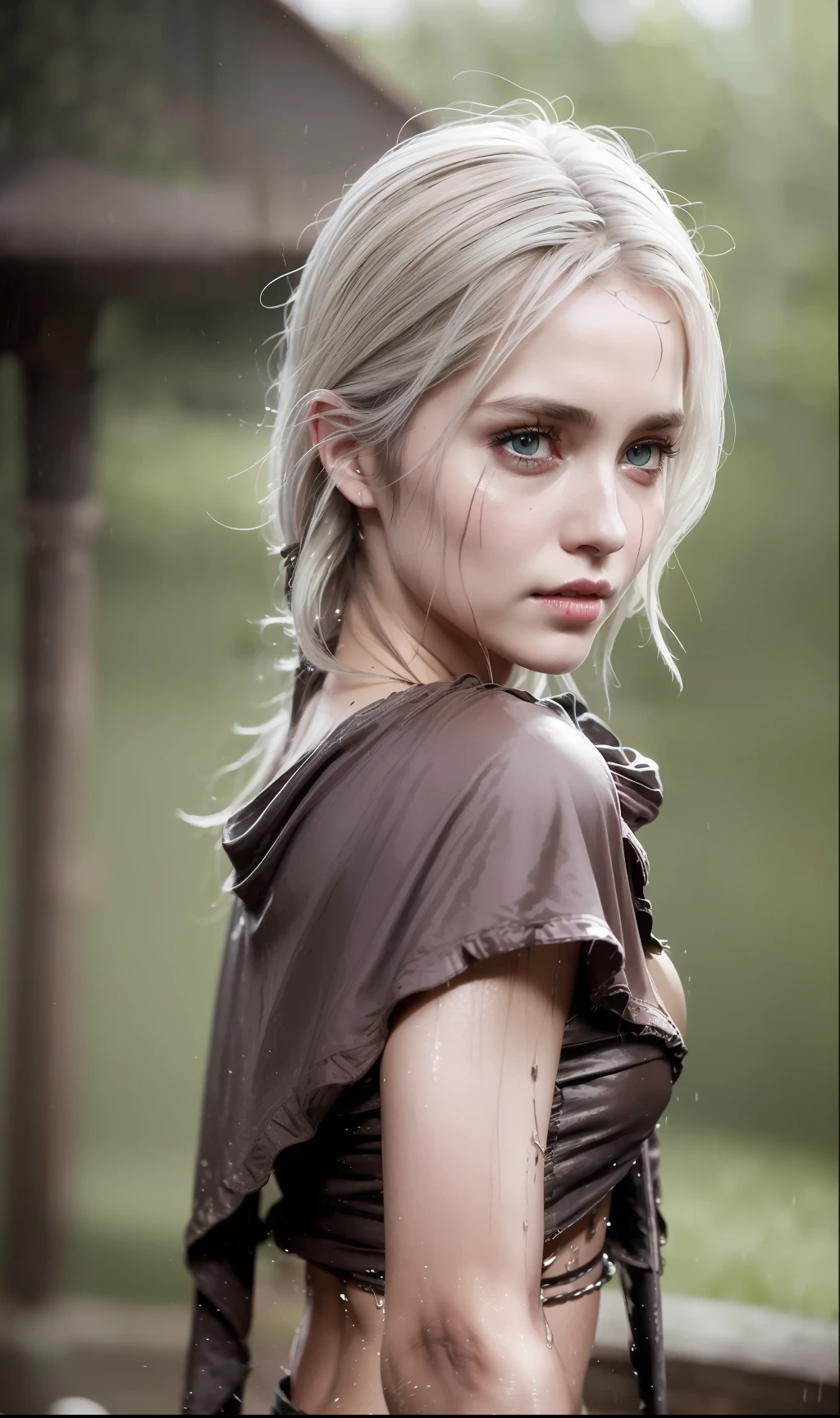 (Ciri from the witcher), In a medieval marketplace stands a young dirty woman. A storm is approaching in the sky. (It's raining heavily). ((She wears dirty, worn, torn clothes)), belly-bare, ((gray ripped top)), (((brown soiled wrap skirt)), ((sad look)). (Masterpiece:1.2) (photorealistic:1.2) (best quality) (intricate details) (8K) (High Poly) (Raytracing), (Sharp Focus), (Low Light), Dark, In the Shade, (She Has Dirty Skin All Over), (Dirty Face), (Dirty Face), (Dirty Clothes), (Soaking Wet Hair), (It's Night and Very Dark), ((Small Round Butt))