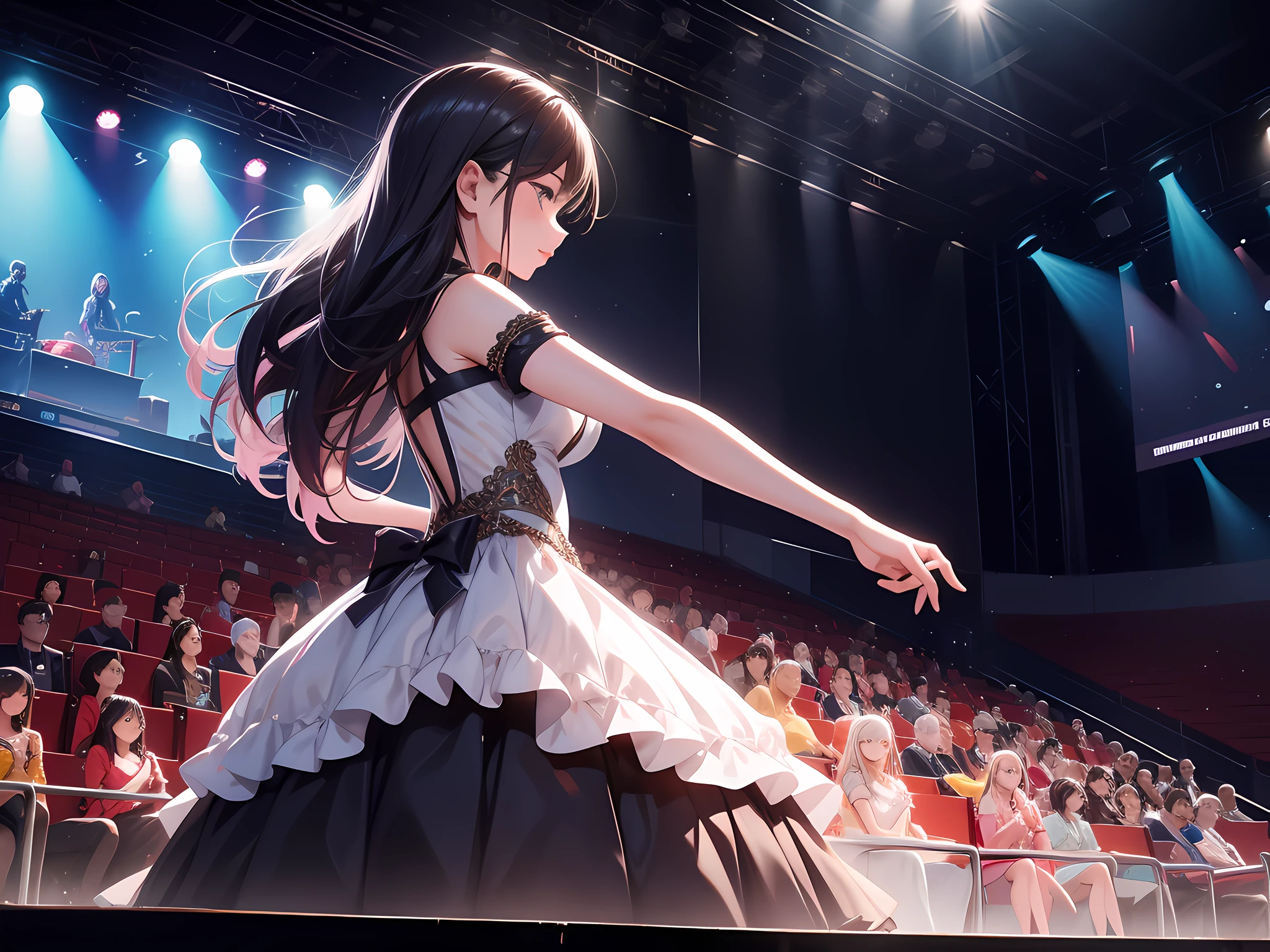 On the stage, a 20-year-old girl in a gorgeous dress sings on the stage, the audience is boiling, spotlights, large screens,