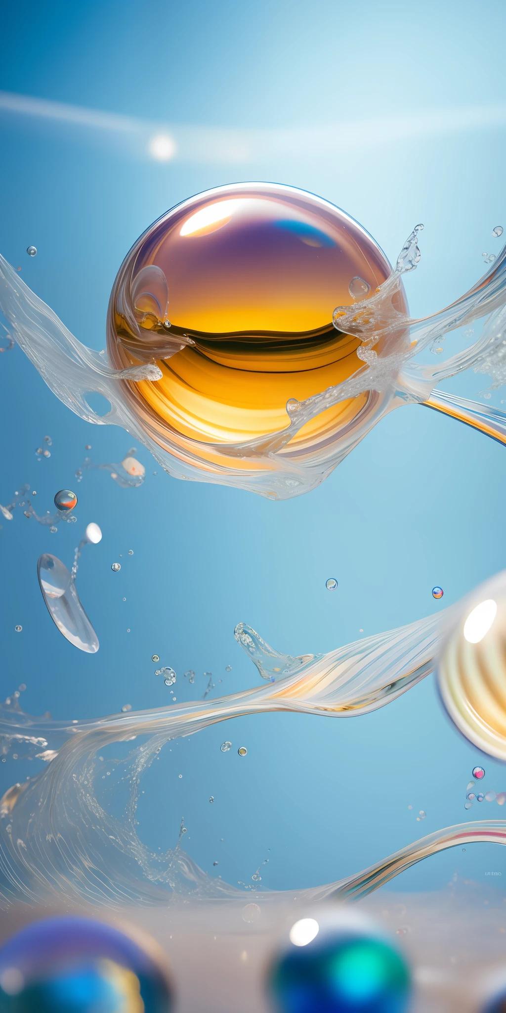 Glass Marbles in Motion: Glass marbles, translucent orbs of captivating beauty, tumble into a vat of clear water. The resulting splash, a chaotic ballet of droplets, is beautifully frozen in time. Captured with Cinema 4D's liquid simulations at an aperture of f/2.8, ISO 400, and a shutter speed of 1/60 sec. The final visualization is refined using Gamma Correction and Tone Mapping, creating a moment of chaotic beauty captured in serene clarity. Crafted with the artistic inspirations of Alex Roman and Beeple.
