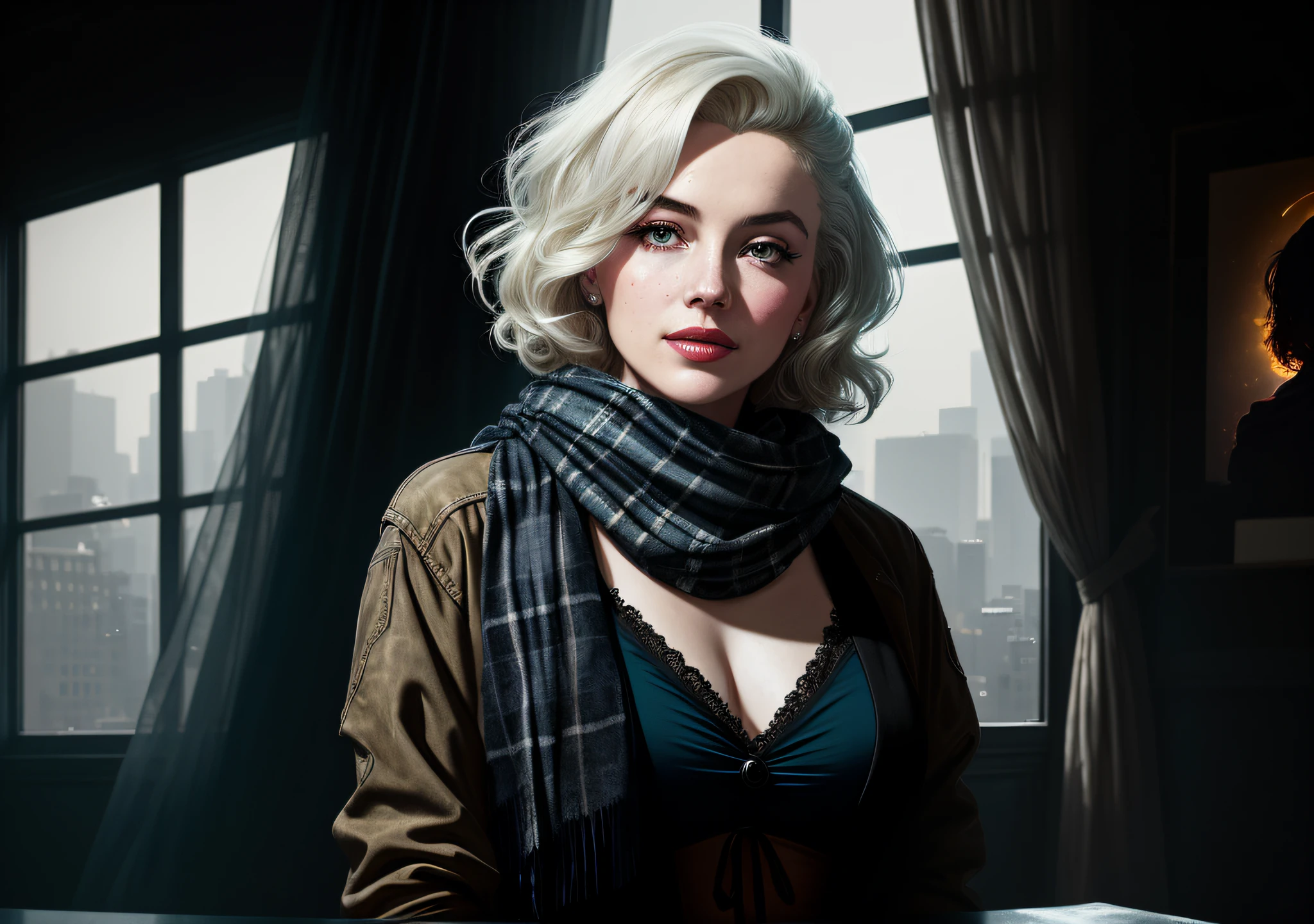 Actress Marilyn Monroe, dark photo: with the body covered, sitting in an old window, realistic epic, halo portrait, blue eyes, plaid scarf, white hair of Atey Ghailan, of Greg Rutkowski, of Greg Tocchini, of James Gilleard, of Joe Fenton, of Kaethe Butcher, yellow gradient, black, brown and magenta color scheme, grunge aesthetic!!! Graffiti brand wall background, art by Greg Rutkowski and Artgerm, soft cinematic light, Adobe Lightroom, Photo Lab, HDR, intricate, highly detailed, (depth of field: 1.4), faded, (neutral colors: 1.2), (HDR: 1.4), (soft colors:1.2), hyperdetailed, (Artstation:1.4), cinematic, warm lights, dramatic light, (intricate details:1.1), complex background, (Rutkowski:0.66), (blue and orange:0.4)