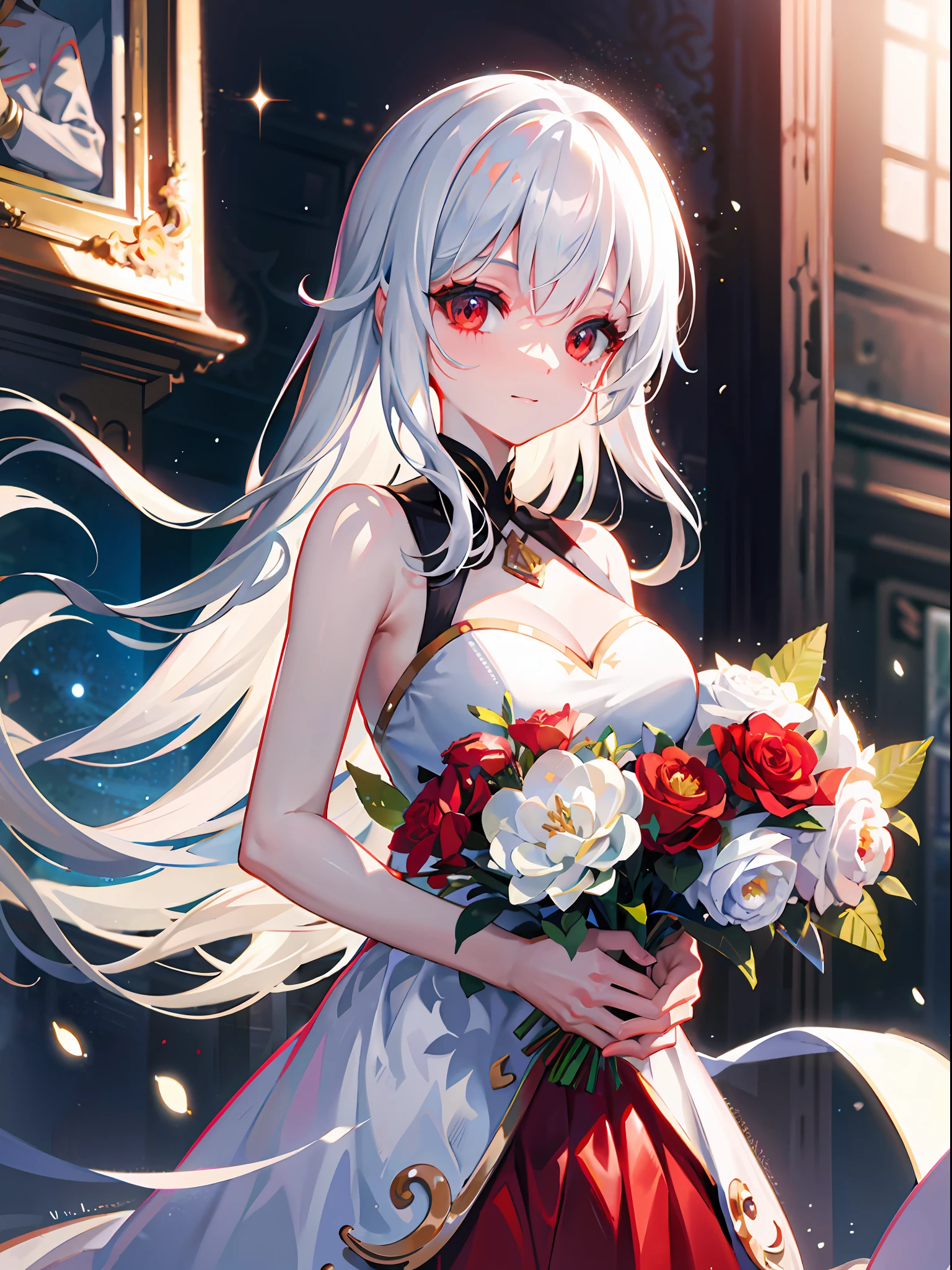 {{Masterpiece}}, best quality, ultra detail CG Unity 8k wallpaper, movie lighting, lens flare, beautiful detail eyes, white hair, red eyes, happy celebration, bouquet, bare shoulders, white dress,