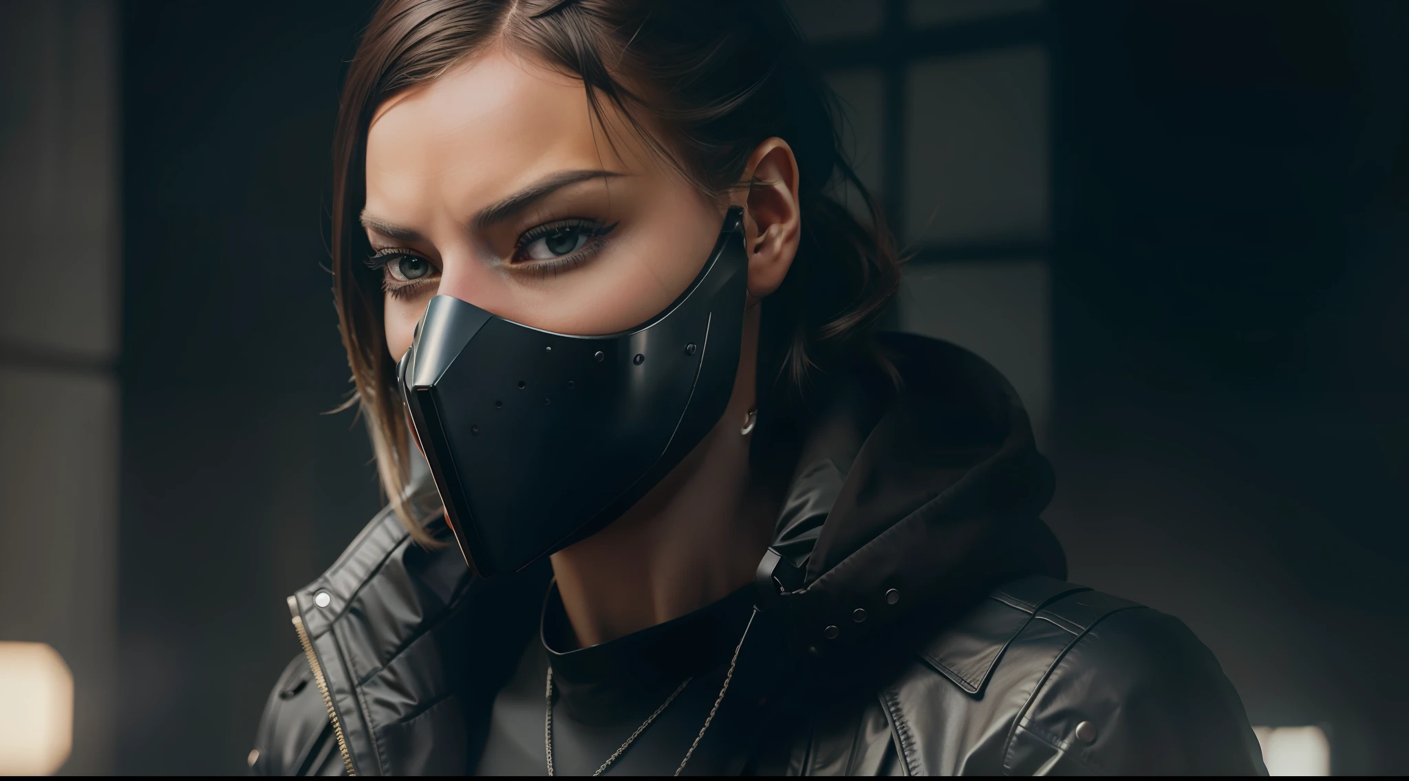 Beautiful female assassin, Margot Robbie, wearing cyberpunk clothes, respirator, cyber respirator, (detailed portrait), cell shaded, 4 k, vivid colors, photorealistic concept art by wlop, Ilya Kuvshinov, Artgerm, Krenz Cushart, Greg Rutkowski, Pixiv. cinematic dramatic atmosphere, sharp focus, volumetric lighting, cinematic lighting, studio quality