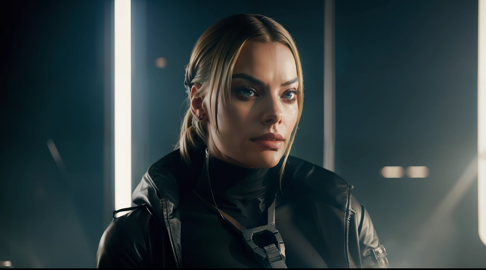 Beautiful female assassin, Margot Robbie, wearing cyberpunk clothes, respirator, cyber respirator, (detailed portrait), cell shaded, 4 k, vivid colors, photorealistic concept art by wlop, Ilya Kuvshinov, Artgerm, Krenz Cushart, Greg Rutkowski, Pixiv. cinematic dramatic atmosphere, sharp focus, volumetric lighting, cinematic lighting, studio quality