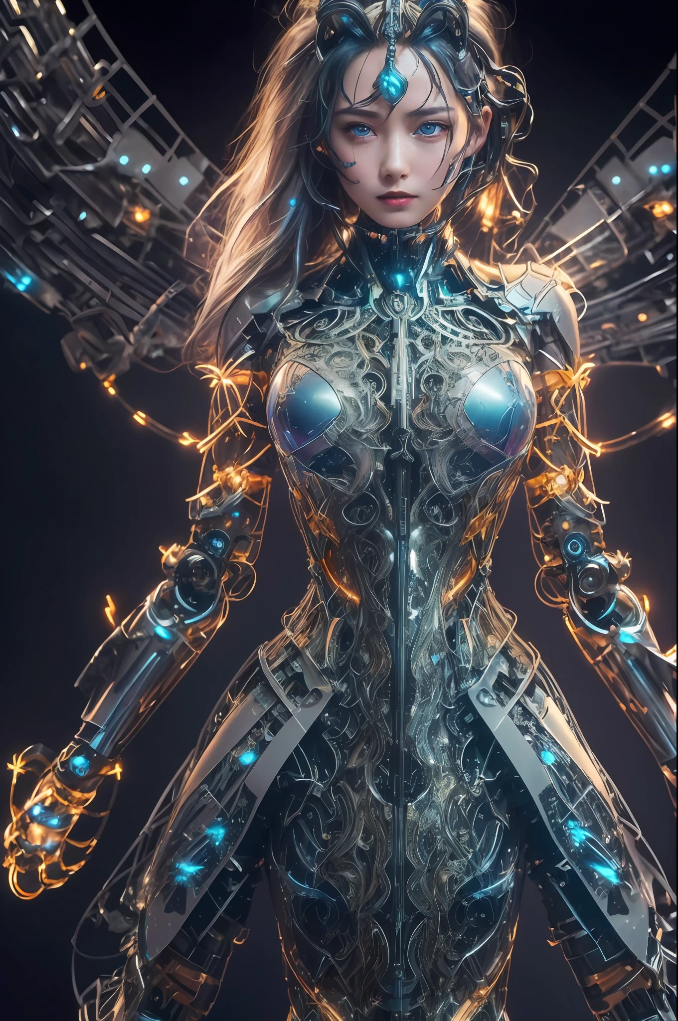 Masterpiece, best quality, super detailed, very detailed illustrations, very detailed, intricate details, high resolution, super complex details, very detailed 8k cg wallpaper, 50MM lens, caustics, reflections, ray tracing, nebulae, dark halos, network effects, (1girl:1.4), solo, alone, mecha musume, mechanical parts, robot joints, single mechanical arm, headgear, mechanical halo, star halo, electric mechanical bodysuit, mecha corset, kimono, full armor, very long hair, white hair, hair between eyes, multicolored hair, blue eyes, glowing eyes, random expression, random action, ancient chinese architecture, starry sky, skyline,