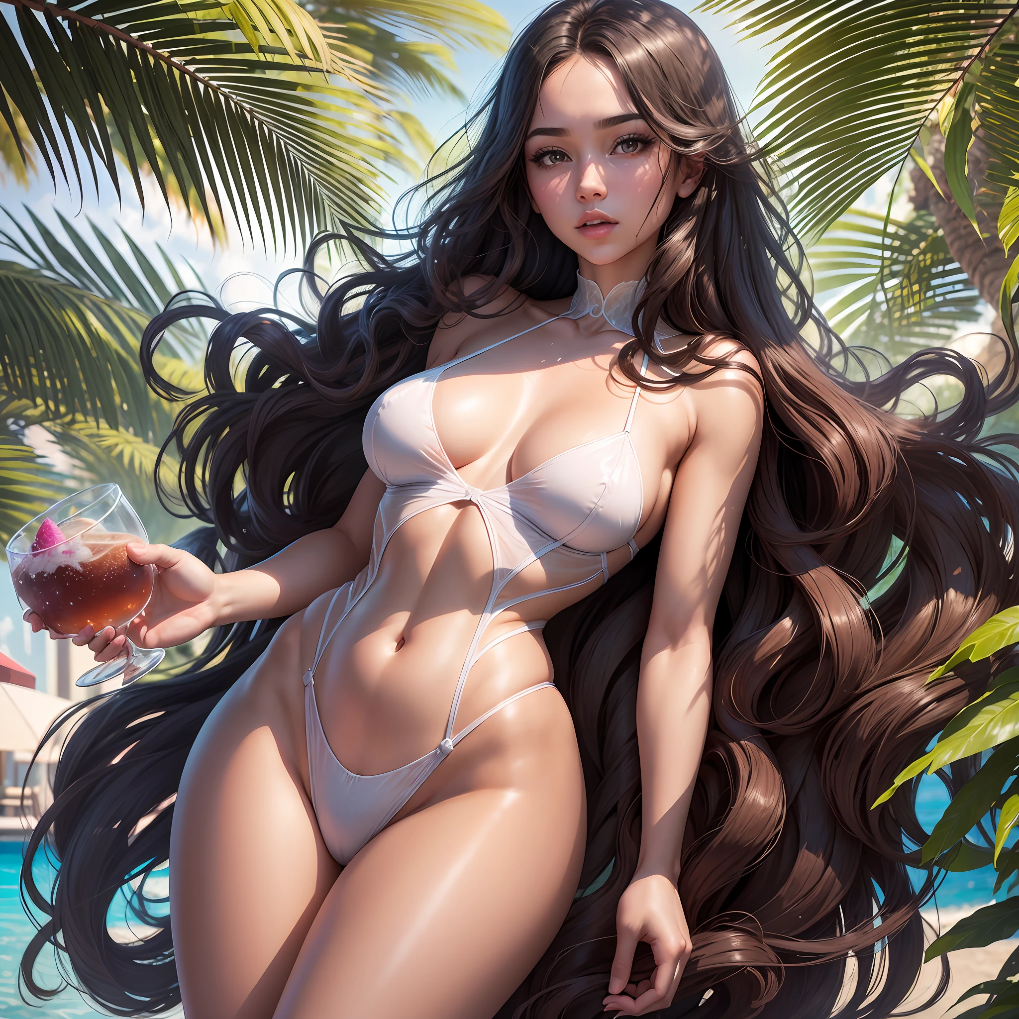 Full BODY,dream girl bulbous chest eyecolor sapphire long wavy brown hair fluffy eyelashes oval face endomorphic physique graceful with long graceful legs dressed in a lace and translucent katsuit standing in front of a private club with a water slide and beach chairs by the pool where every table has nice drinks, High definition,skin pores,best skintone,glossy skin,sharp focus,backlighting highlights the girl's contours forming a light outline,soft foreground light,soft shadows,Hasselblad 500C Camera ƒ4 ISO 100 telephoto lens,trending on CGSociety,style by Roberto Valenzuela, photorealism --auto --s2