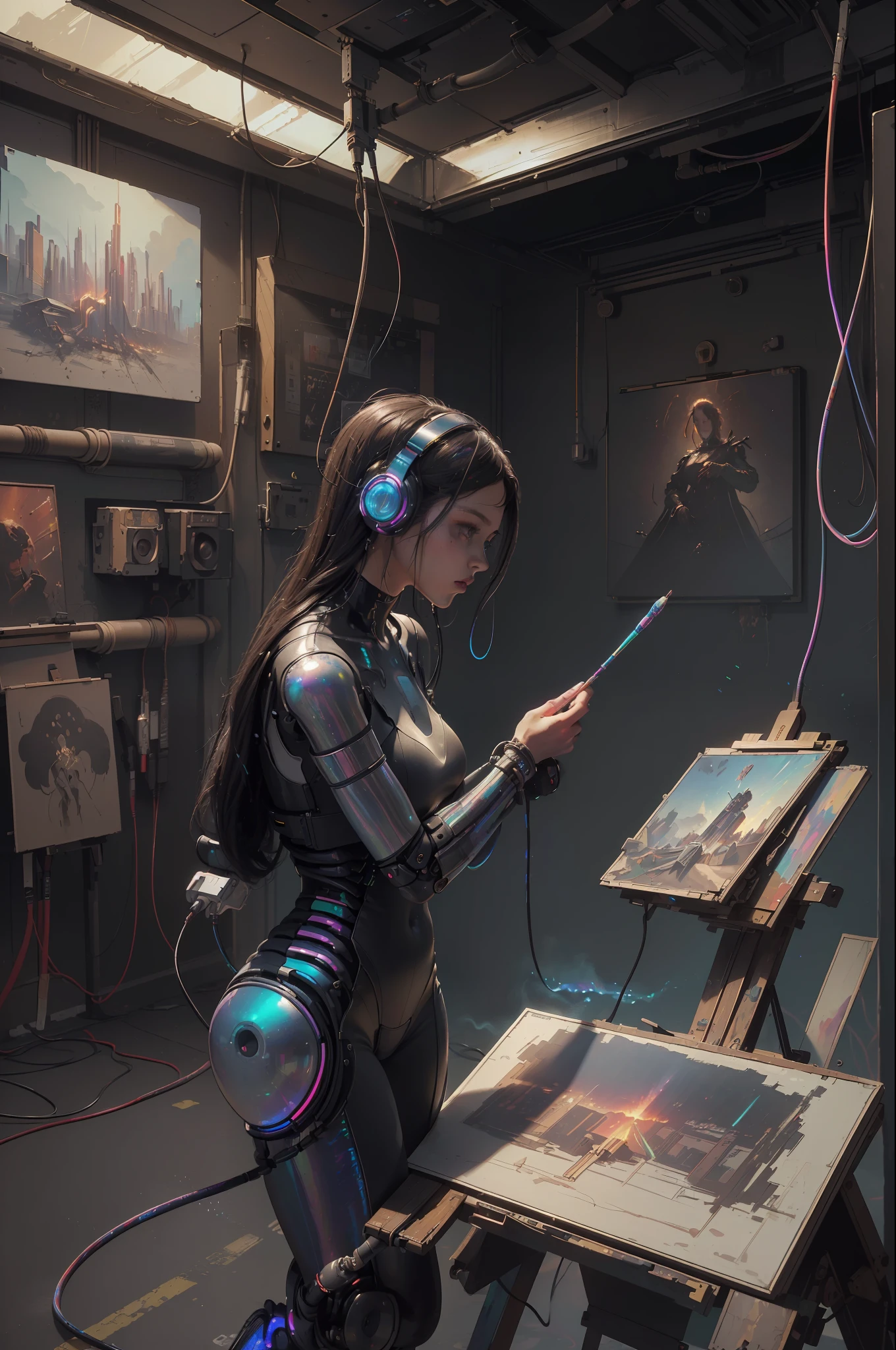 (masterpiece, best quality, highres, absurdres, detailed:1.2), humanoid, robot, wearing headphones, looking away, (cyberpunk, art canvas, paint brush, easel, iridescent, holographic: 1.6), (cables, wires, flames, fire, smoke, overheat, explosion, indoors, room, simple background)