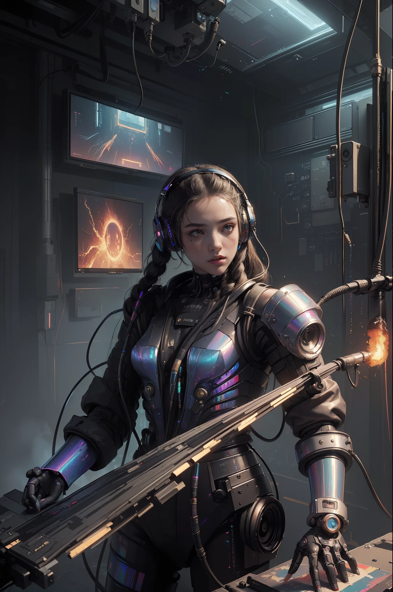 (masterpiece, best quality, highres, absurdres, detailed:1.2), humanoid, robot, wearing headphones, looking away, (cyberpunk, art canvas, paint brush, easel, iridescent, holographic: 1.6), (cables, wires, flames, fire, smoke, overheat, explosion, indoors, room, simple background)