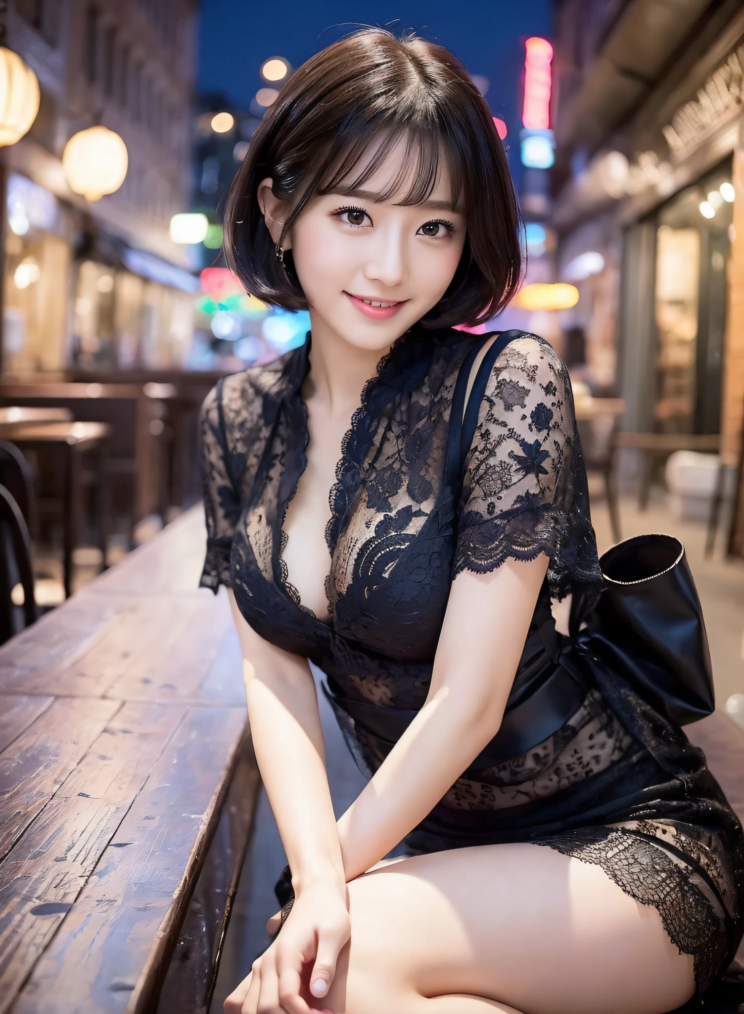 (16k, top quality, masterpiece: 1.2), (realistic, photorealistic: 1.37), super detailed, Japan person, 1 girl, black hair, cute, nice, adorable, beautiful detailed sky, detailed café, night, sitting, date, (blush), (smile: 1.15), (closed) big, big breasts, beautiful fine eyes, business wear, white lace, (short hair: 1.2), floating hair NovaFrogStyle,