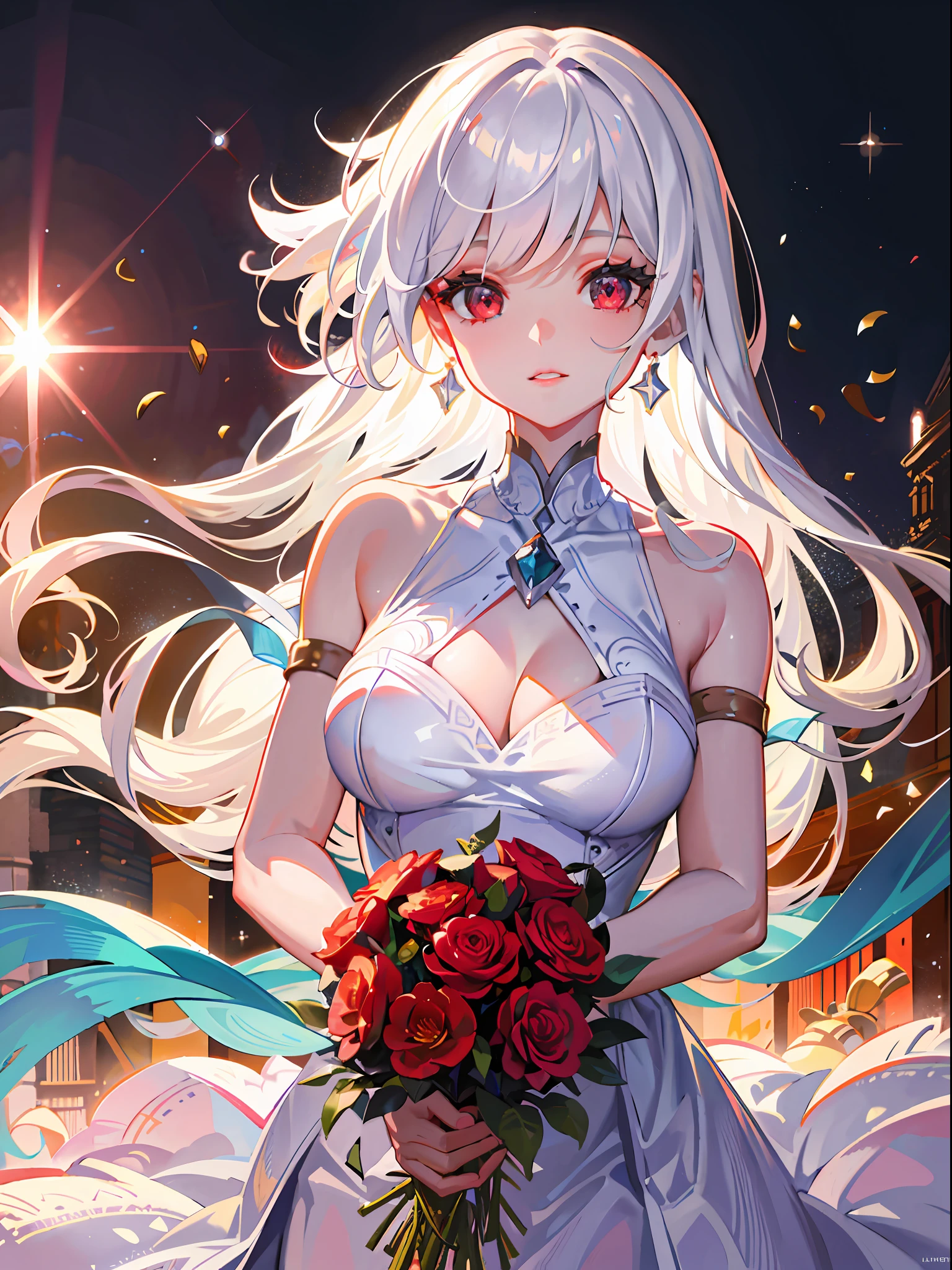 {{Masterpiece}}, Best Quality, Ultra Detail CG Unity 8k wallpaper, movie lighting, lens flare, beautiful detail eyes, white hair, red eyes, happy celebration, bouquet, bare shoulders, white dress, upper body, big earrings