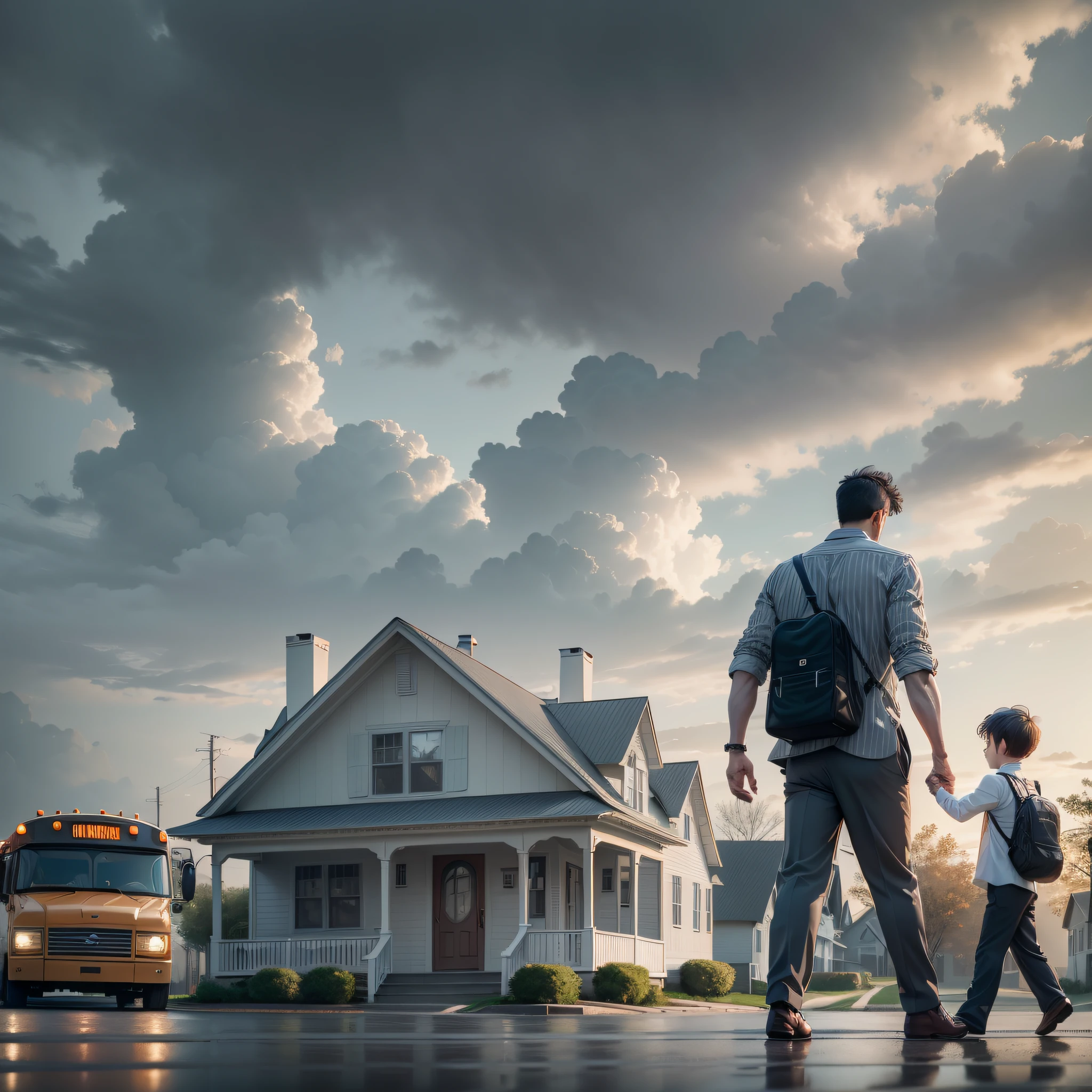 A man dressed in a gray striped dress shirt, a boy with a ball, walking towards a beautiful house with only the porch light on, on a deserted street with a school bus, gray weather with lots of clouds and no sun. 4k image for book cover