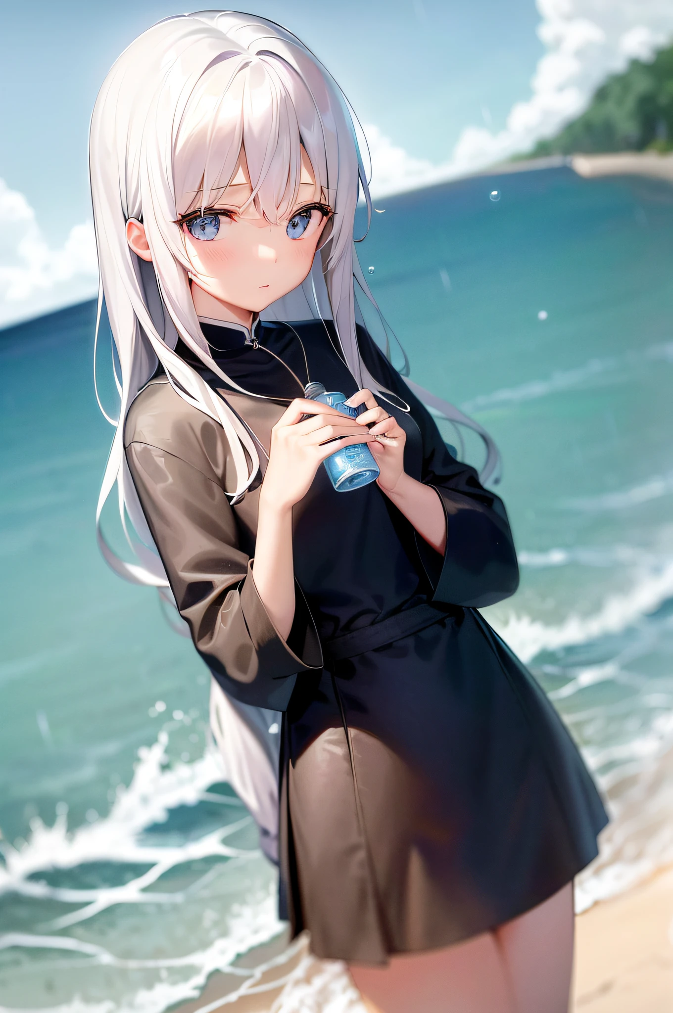 a girl,刘海,blue_eyes,(rain:1.2),hair_between_eyes,pink dress, Bottle in hand, white hair, (beach:1.2), (long hair:1.2), Behind wave,Lots of waves,Bottle in hand, male_focus,long_hair,solo,upper_body, white_hair, cross_necklace, (在沙滩上:1.2),