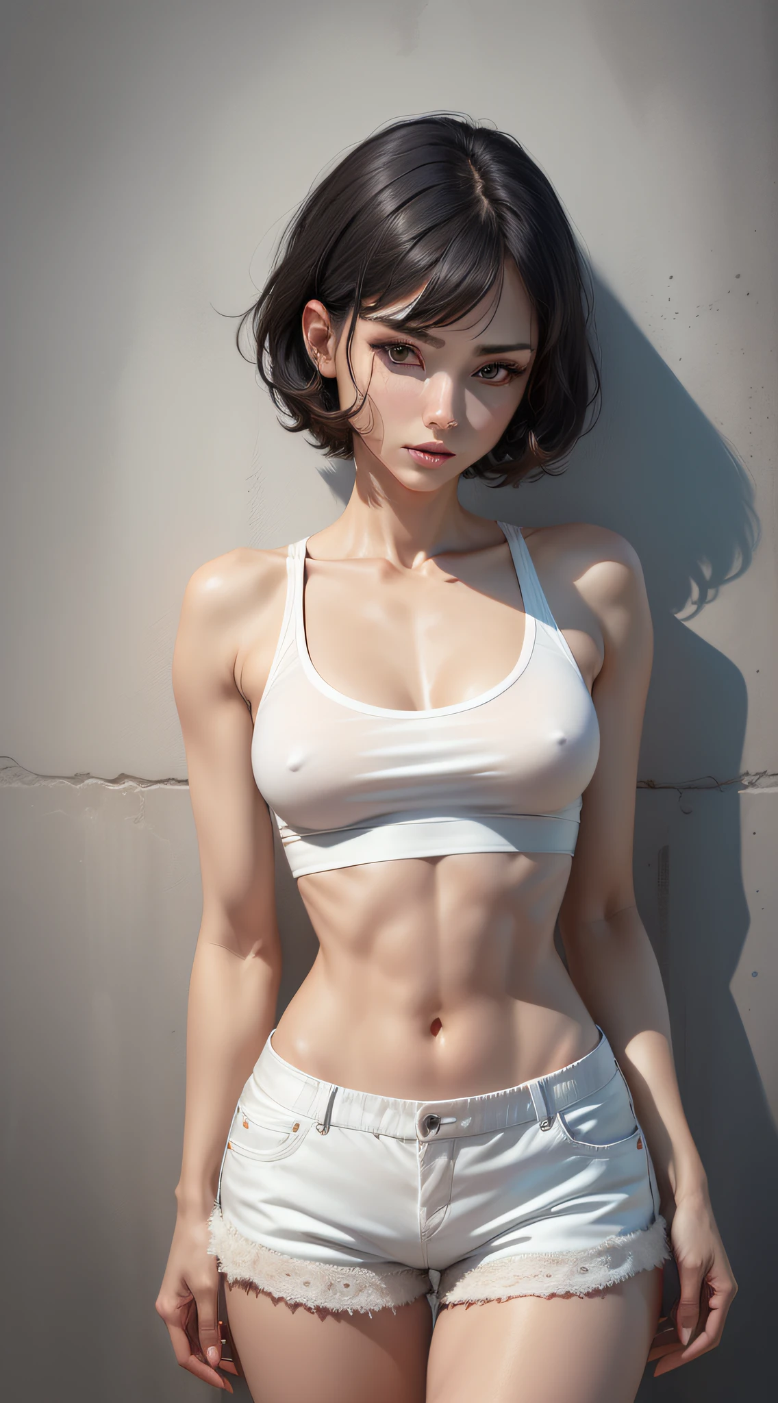 (highly detailed body, slim body, highly detailed face, best quality: 1.2), a beautiful woman, small chest, look at the viewer, (wide white shirt, shorts), (short hair, disheveled hair, black hair), (pupilless eyes, white eyes)