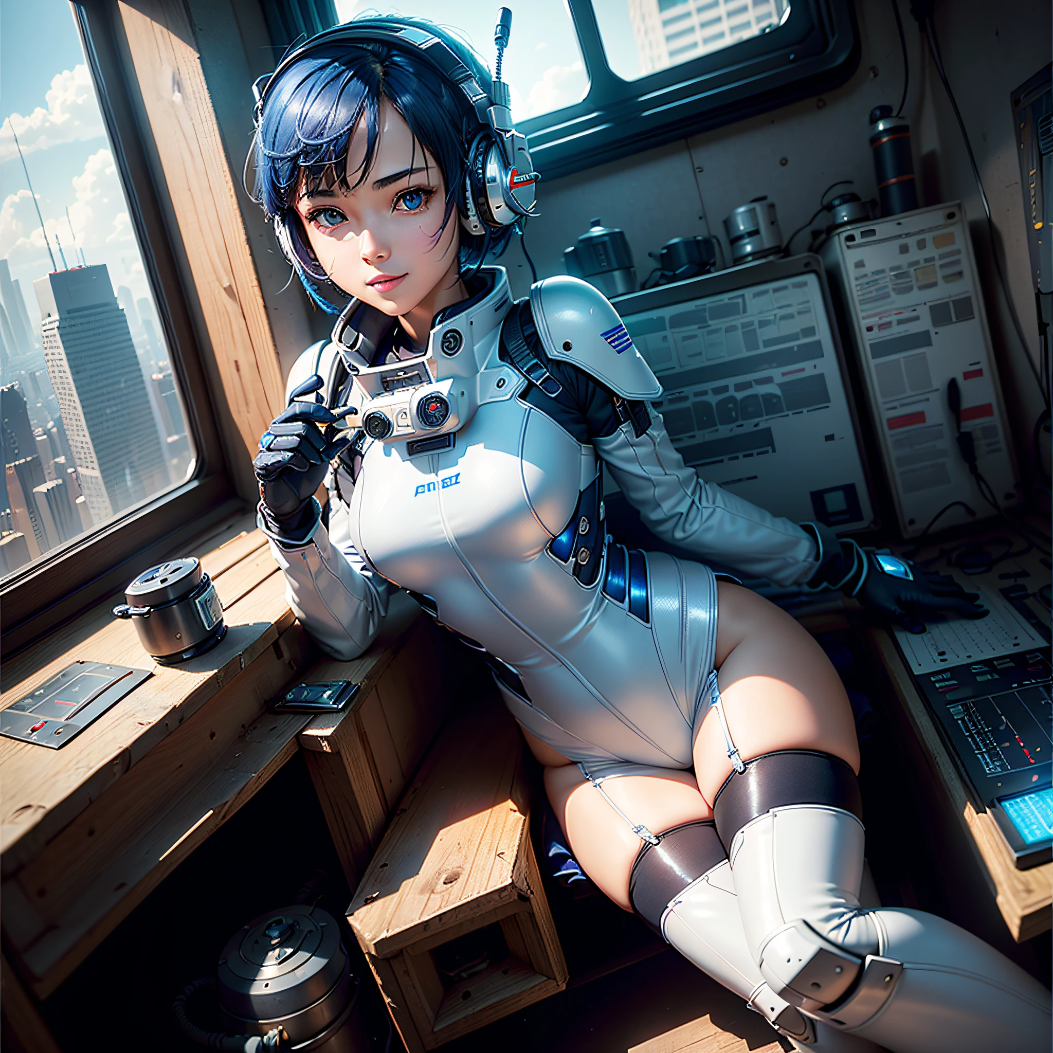 (Masterpiece, Best Quality, Best Resolution, Very Elaborate CG, Cinematic Lighting, Ray Tracing, Drop Shadows, Detail Detail, (Photorealistic), High Quality Textures, Realistic Look, Very Detailed, Sharp, High Quality, Leading Edge, Beautiful Rendering, Dramatic Pose, Detailed Shading): (Solo, Girl Alone, Japan face, short blue hair, cute girl face, short, small size breasts, sparkly blue eyes, eye level shots, pilot suit in white and blue color, tight-fitting clothes, clothes covering the whole body, light grin smile, beautiful, slim body, exoskeleton, heroine, headset, long boots, gloves, airplane control panel, tools, radar display, Touch panel, various indicators, levers, computer keyboard, mouse, warning light, fuel gauge, pressure gauge, base outside the window, control stick, thick manual, wireless communication device)