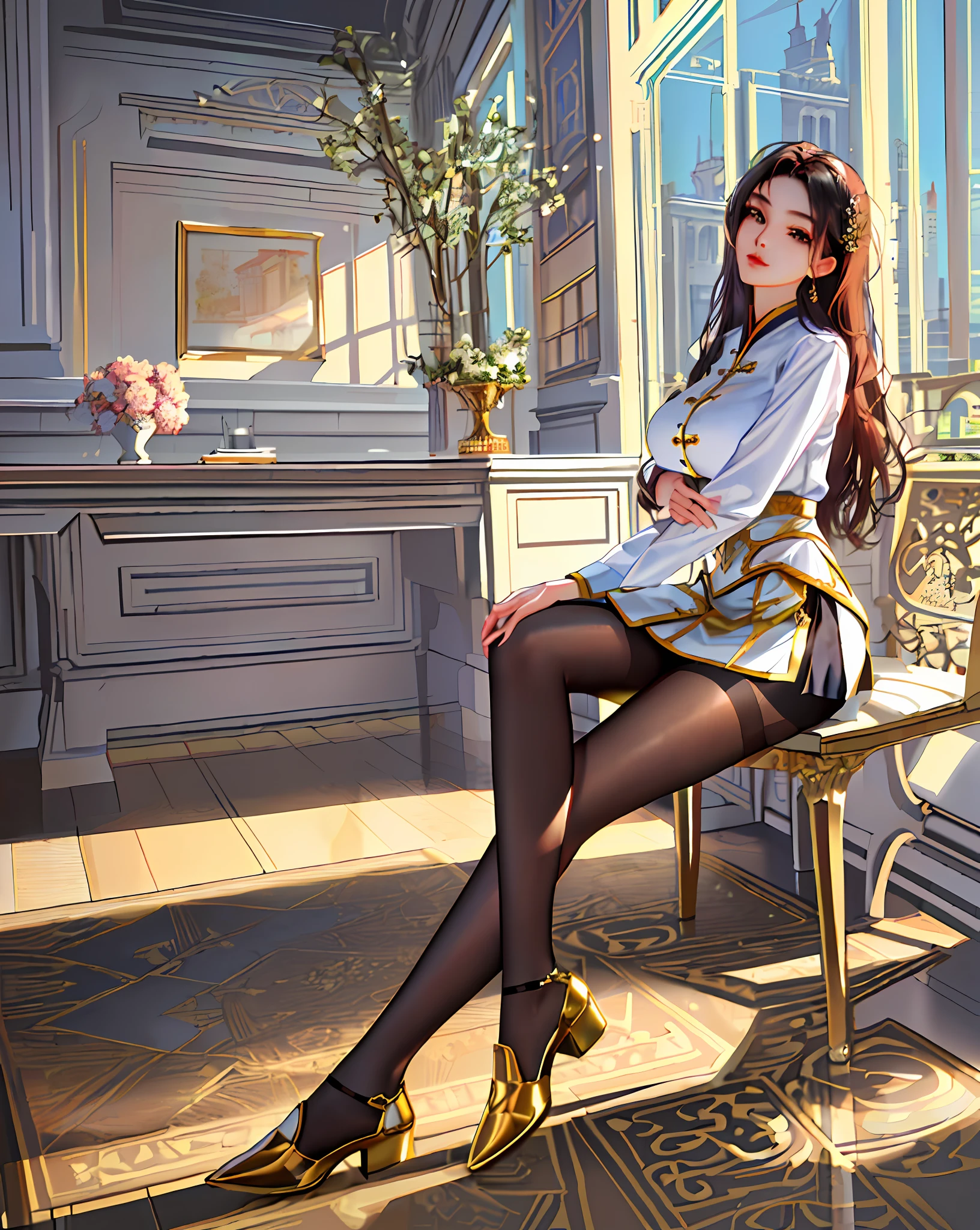 There is a woman sitting on a chair in the room, pantyhose tights, nylon tights, good hips and long legs, beautiful face, arms and legs, thighs and skirt, very beautiful slender legs, long legs, very beautiful slim legs, slender legs, beautiful legs, beautiful slim legs, huge legs towering over you, wearing tight simple clothes, masterpiece:1.2, best quality) best quality, masterpiece, super high resolution, realistic, ultra-realistic details, Clear Focus, (Real Picture, Fine Crafting, Depth of Field), Solo, Beautiful Girl, Masterpiece:1.2, Best Quality), (Close Up, Real Picture, Fine Crafting, Depth of Field), Solo, Beautiful Girl, [Ruizhi Xu: Pei Zhuyan; Tomorrow Strel 0.4] sparkling eyes, perfect eyes, 20 years old, sexy theme, high detail, perfect face shape, perfect body, oversize model, mature woman, extra huge breasts,,16k , full body,