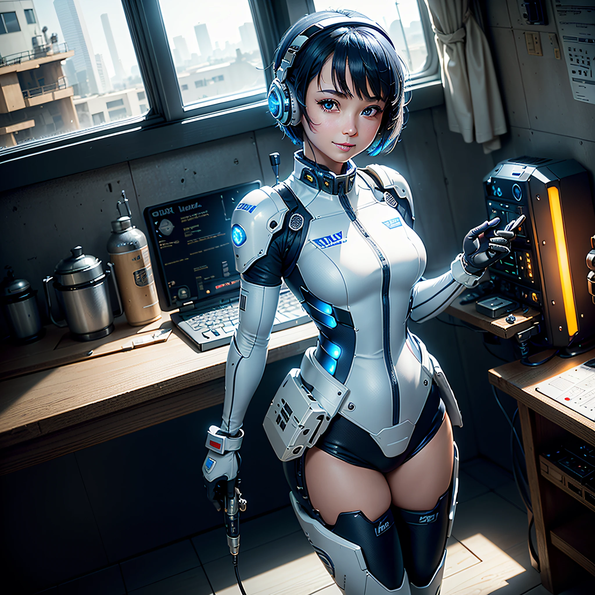 (Masterpiece, Best Quality, Best Resolution, Very Elaborate CG, Cinematic Lighting, Ray Tracing, Drop Shadows, Detail Detail, (Photorealistic), High Quality Textures, Realistic Look, Very Detailed, Sharp, High Quality, Leading Edge, Beautiful Rendering, Dramatic Pose, Detailed Shading): (Solo, Girl Alone, Japan face, short blue hair, cute girl face, short, small size breasts, sparkly blue eyes, eye level shots, pilot suit in white and blue color, tight-fitting clothes, clothes covering the whole body, light grin smile, beautiful, slim body, exoskeleton, heroine, headset, long boots, gloves, airplane control panel, tools, radar display, Touch panel, various indicators, levers, computer keyboard, mouse, warning light, fuel gauge, pressure gauge, base outside the window, control stick, thick manual, wireless communication device)