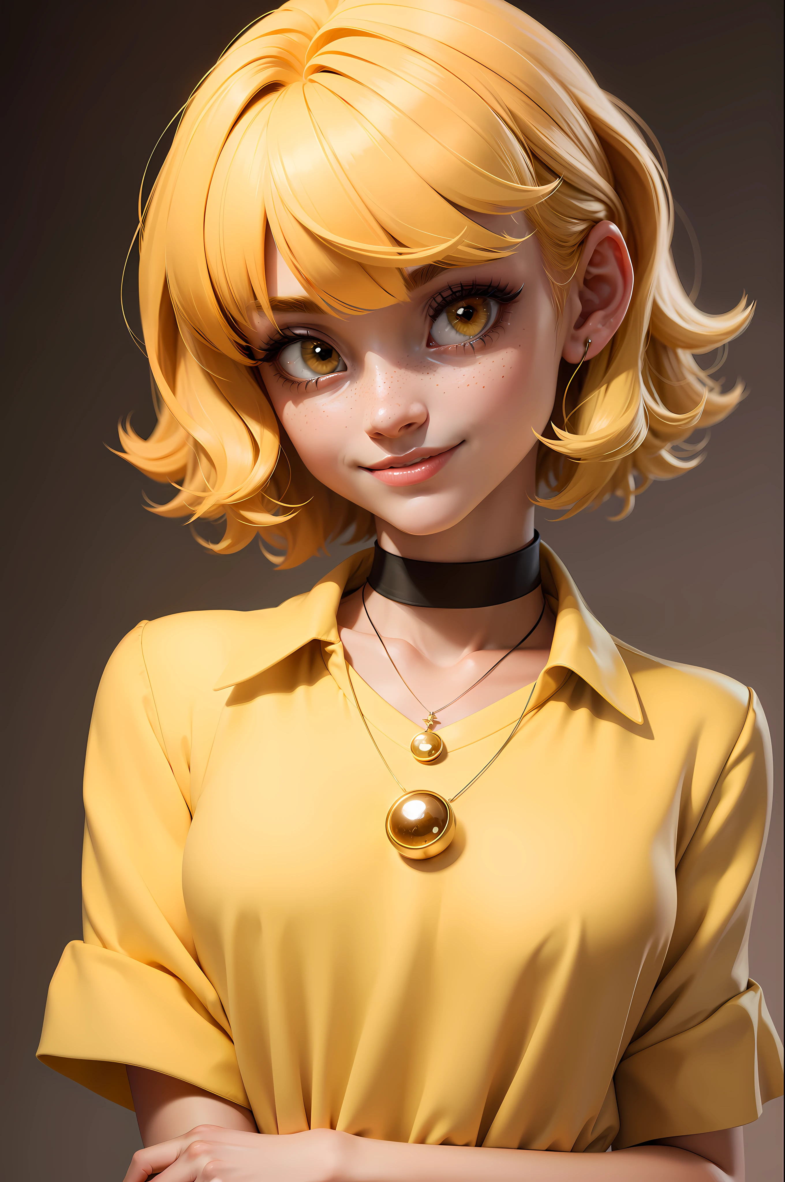 masterpiece, best quality, 3d rending work, 3DMM style, close-up, portrait, 3d, 1girl, solo, hair light yellow color, necklace, freckles, jewelry, looking to the side, realistic, upper body, simple background, bangs, looking away, short hair, lips parted, eyes light yellow color, lips, gothic, choker, makeup, soft, shirt color #FBF01C, shirt, positioned on the right of the image, happy, smiling