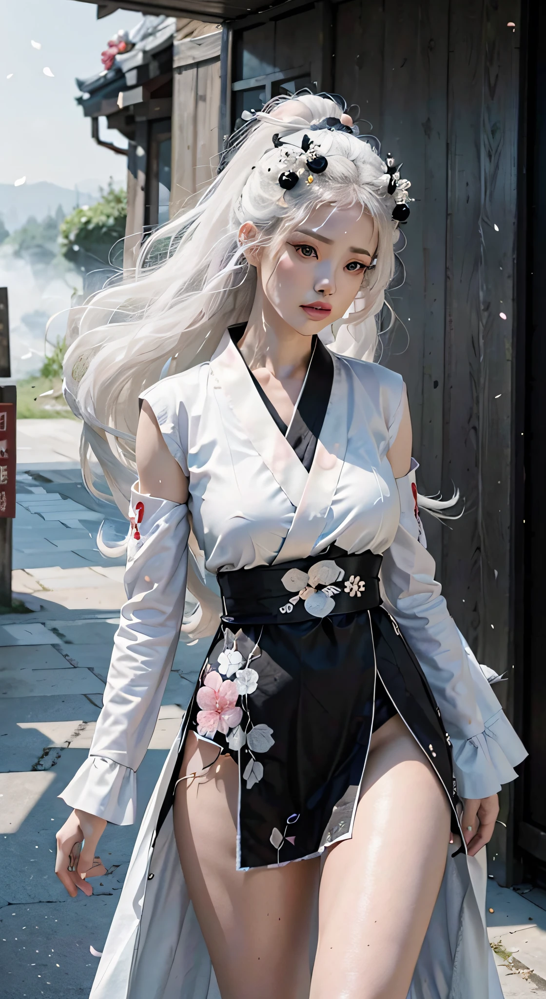 A girl, black and white Hanfu, black plum blossom embroidery, white ponytail long hair, long hair flowing, white hair, white veiled scarf, face towel fluttering in the wind, red fringed hair ornament, peony hair ornament, ancient style, bare legs, dynamic pose, dramatic composition, petals falling, red belt, ancient architectural background, complex background, cloud and mist entanglement, fairy background, cloudy fog, movie lighting,