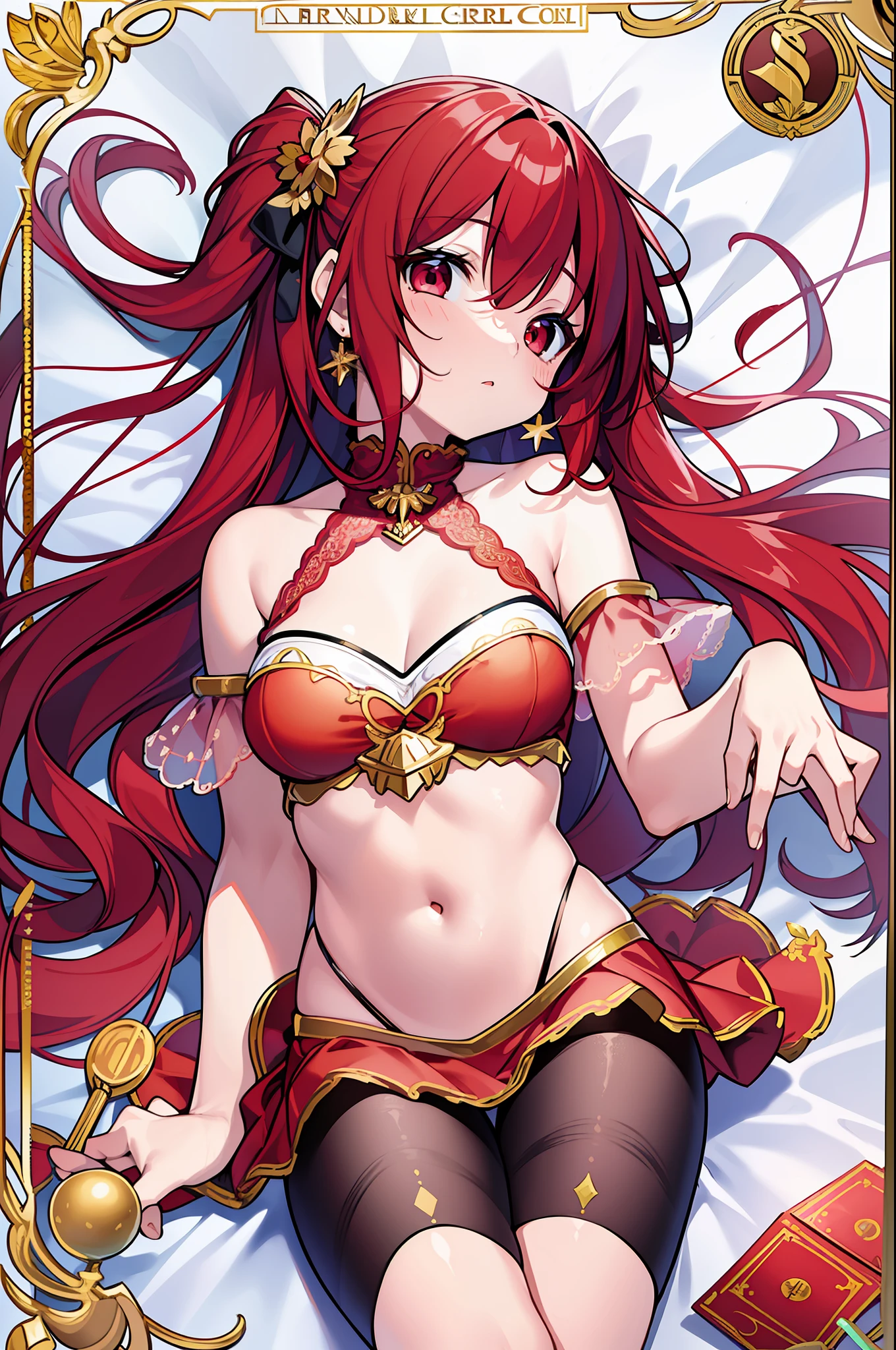 (MASTERPIECE), (Best Quality), (Super Detail), Official Art, One Girl, Lori with Pale Red Hair, Petite Little Girl, Loli, Red and Gold See-Through Dress, Sleeveless, Off Shoulder, Small, Very Small, Small, Cleavage, Thigh Focus, Navel, Card Illustration, Fire